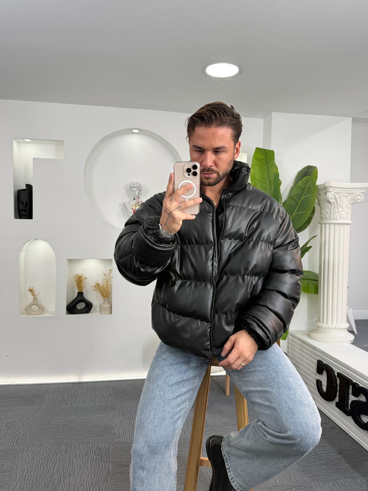 Oversize Deri Şişme Mont Siyah