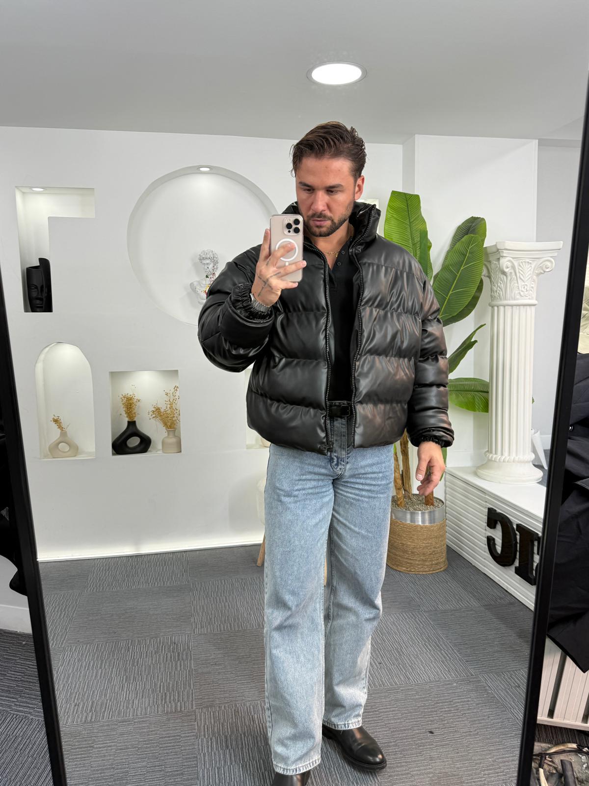 Oversize Deri Şişme Mont Siyah