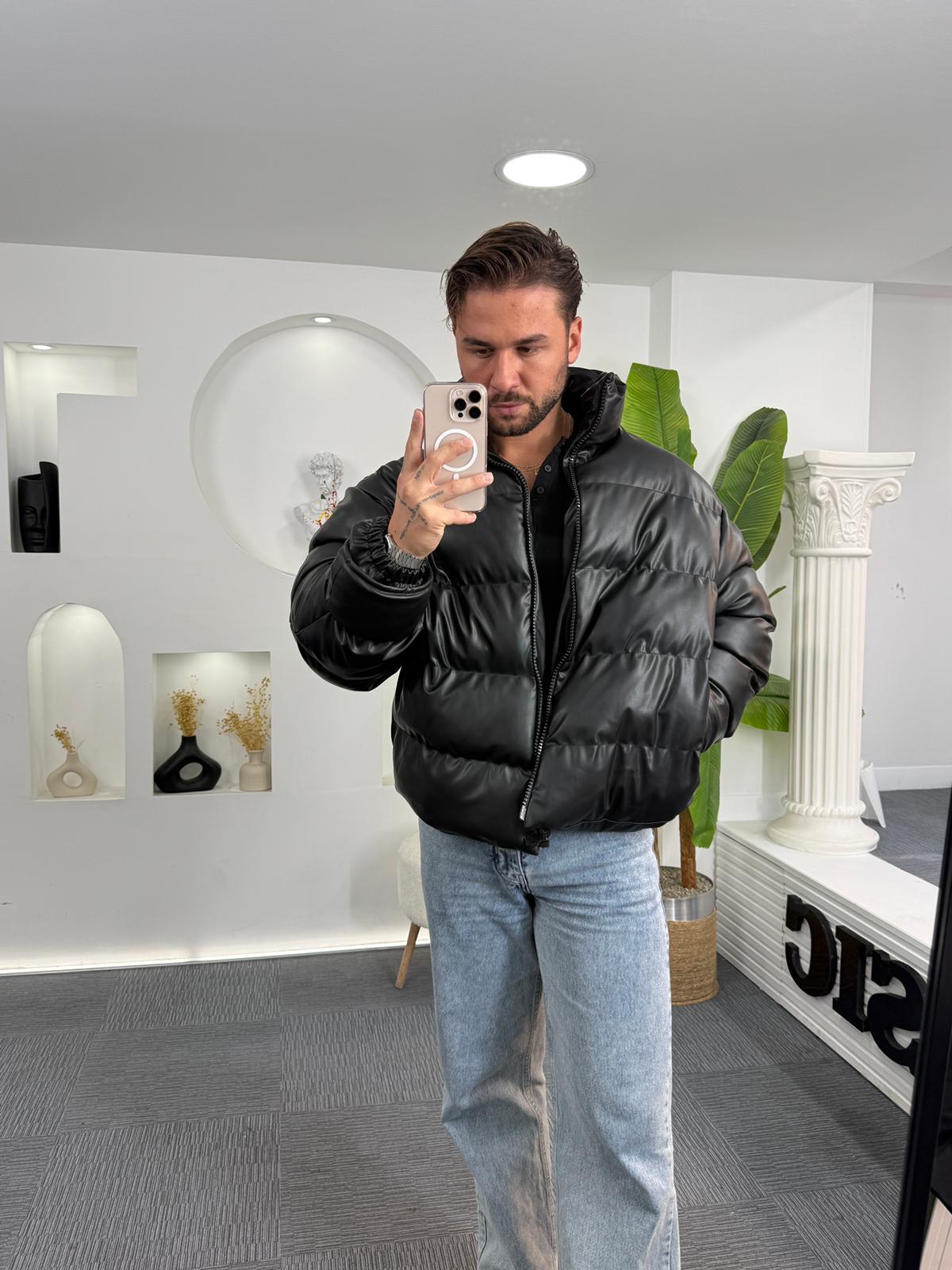 Oversize Deri Şişme Mont Siyah