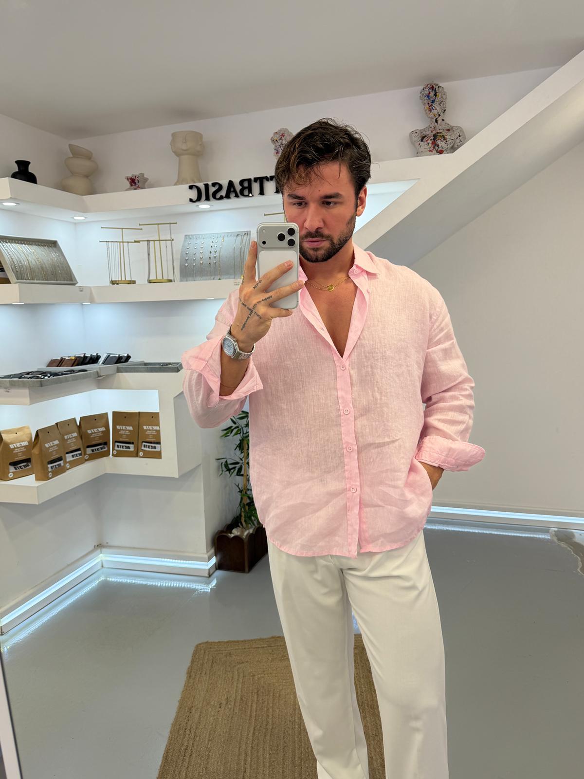 Pembe GG %100 Linen Oversize Premium Gömlek