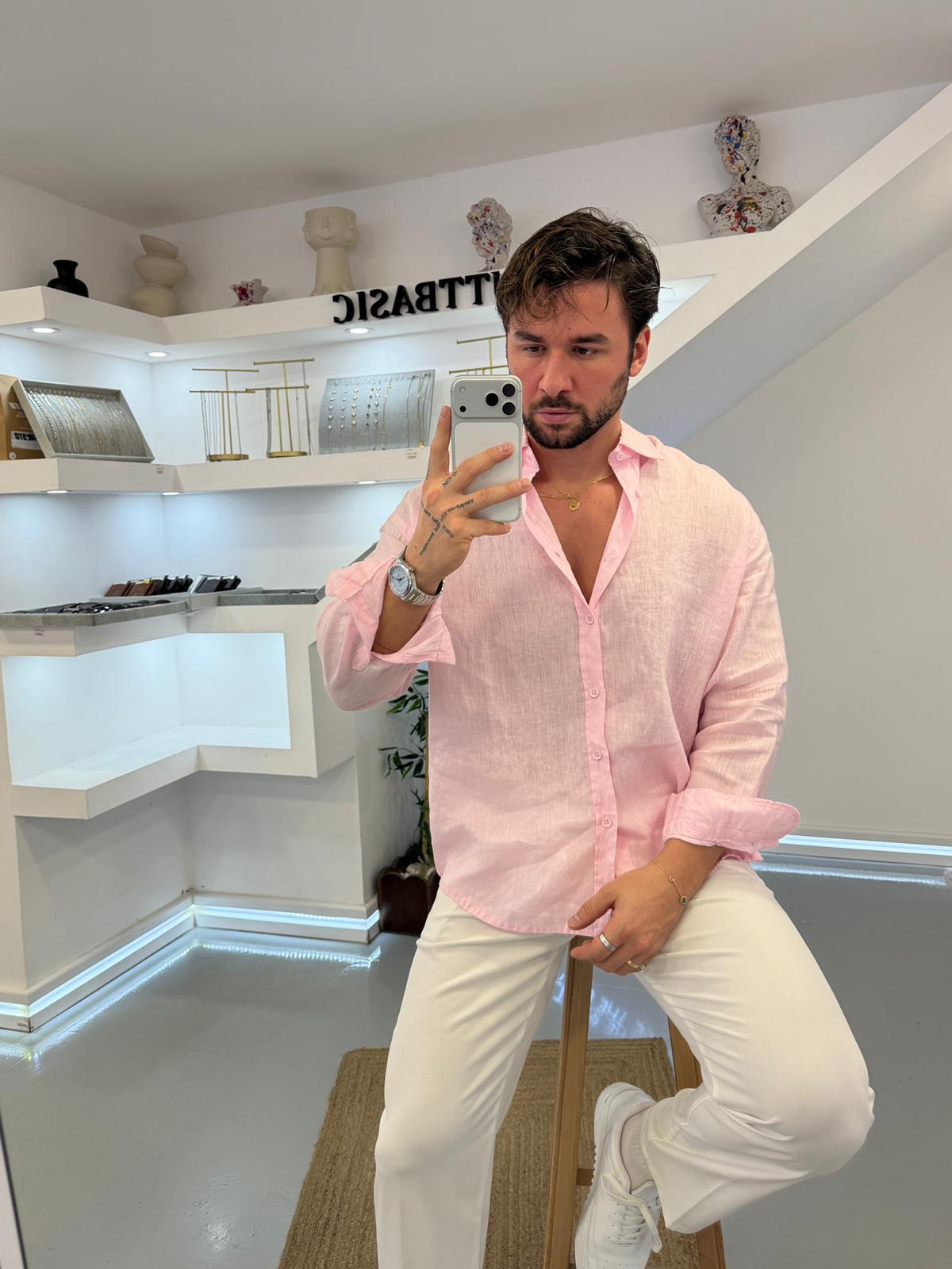 Pembe GG %100 Linen Oversize Premium Gömlek