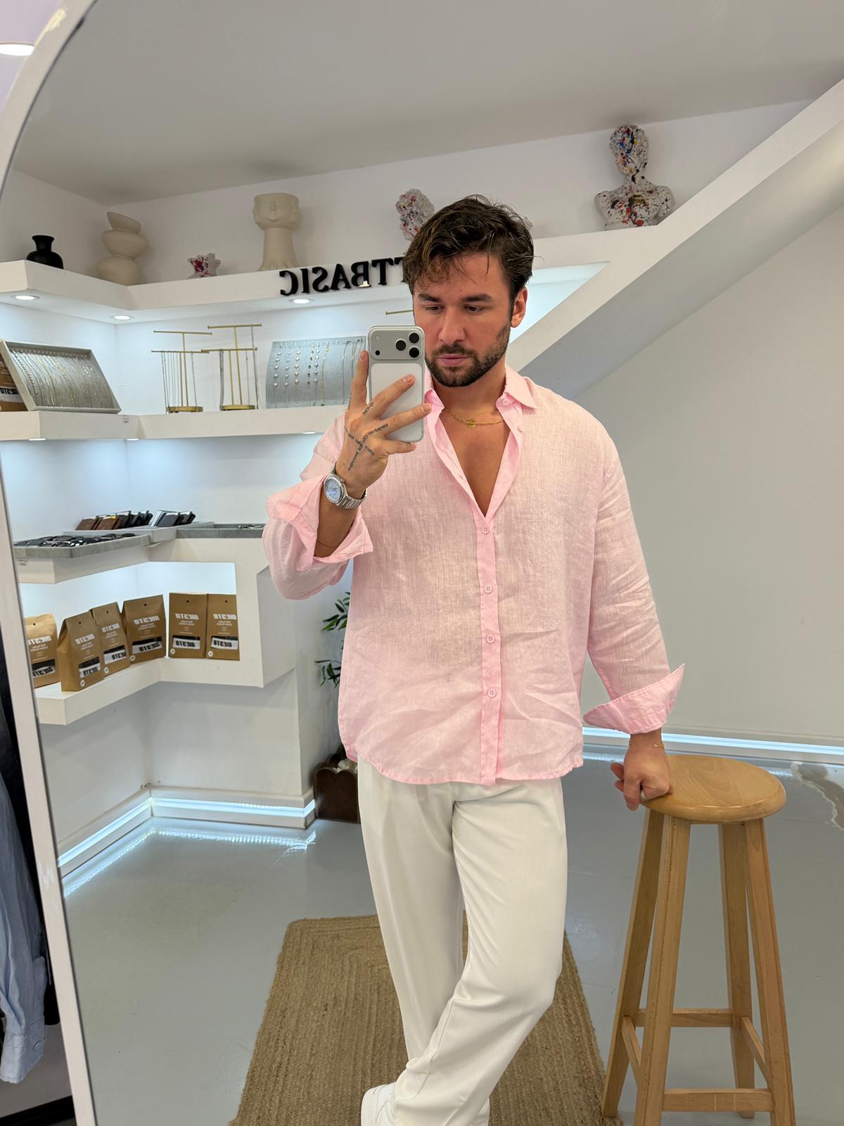 Pembe GG %100 Linen Oversize Premium Gömlek