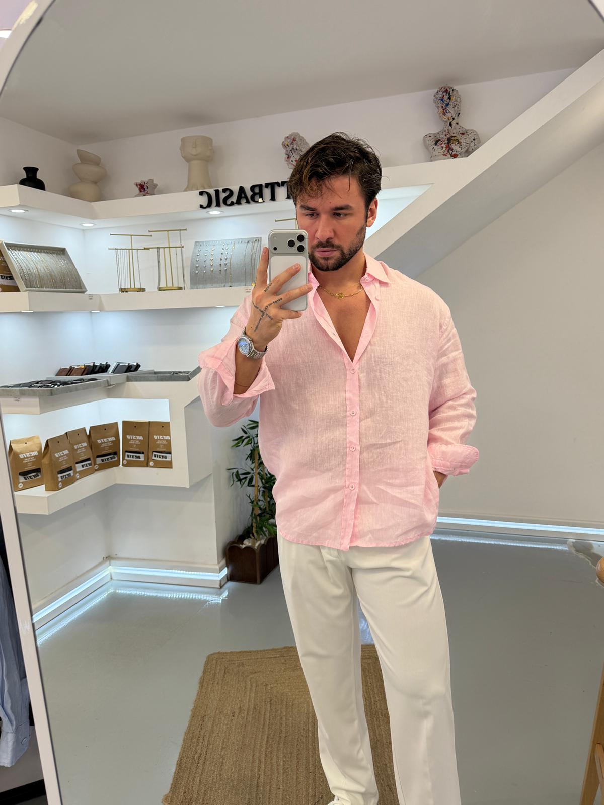 Pembe GG %100 Linen Oversize Premium Gömlek