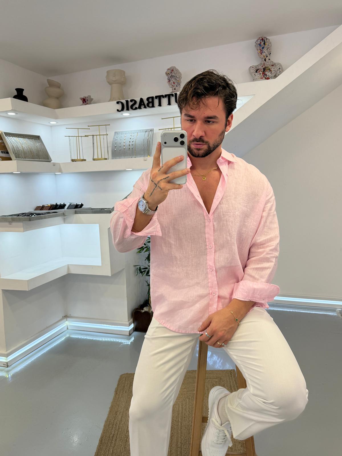 Pembe GG %100 Linen Oversize Premium Gömlek
