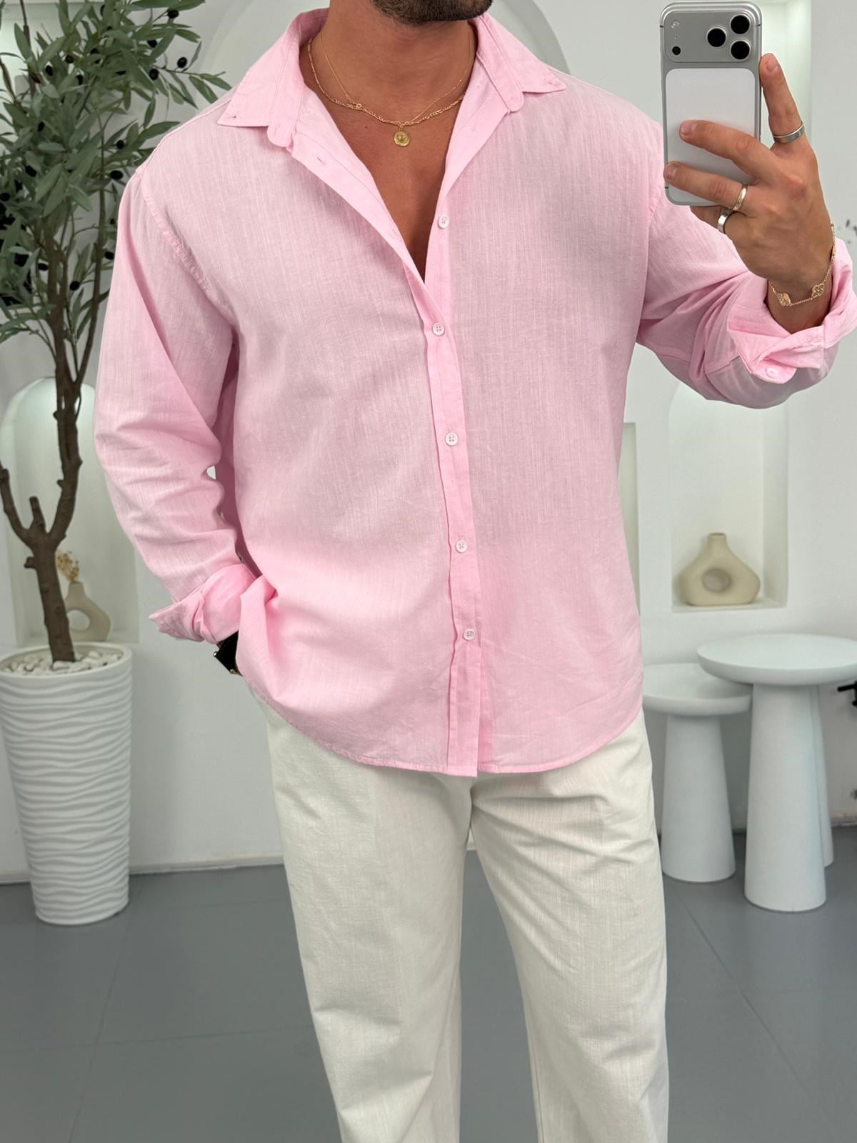 Pembe Giesto Oversize Fresh Keten Gömlek