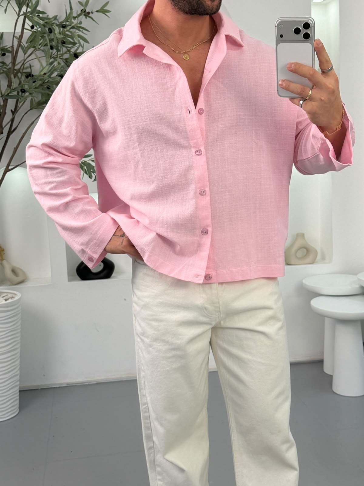 Pembe KN Dikiş Detaylı Boxy Fit Gömlek
