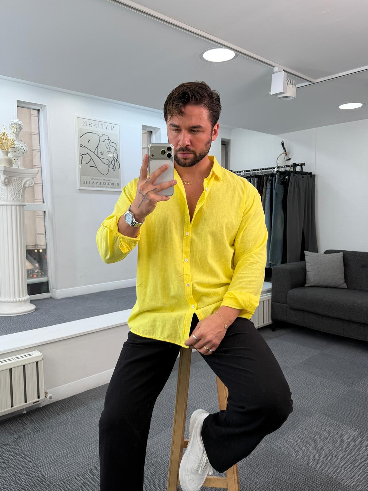 Sarı Giesto Oversize Fresh Keten Gömlek