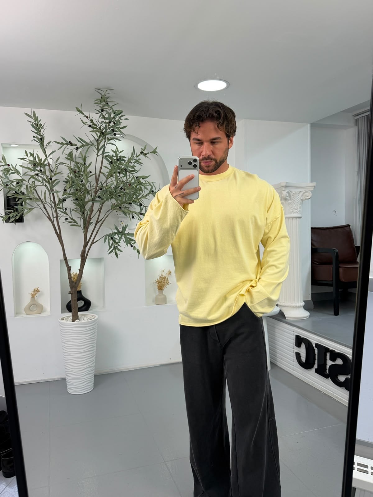 Sarı KN Yıkamalı Oversize Sweatshirt