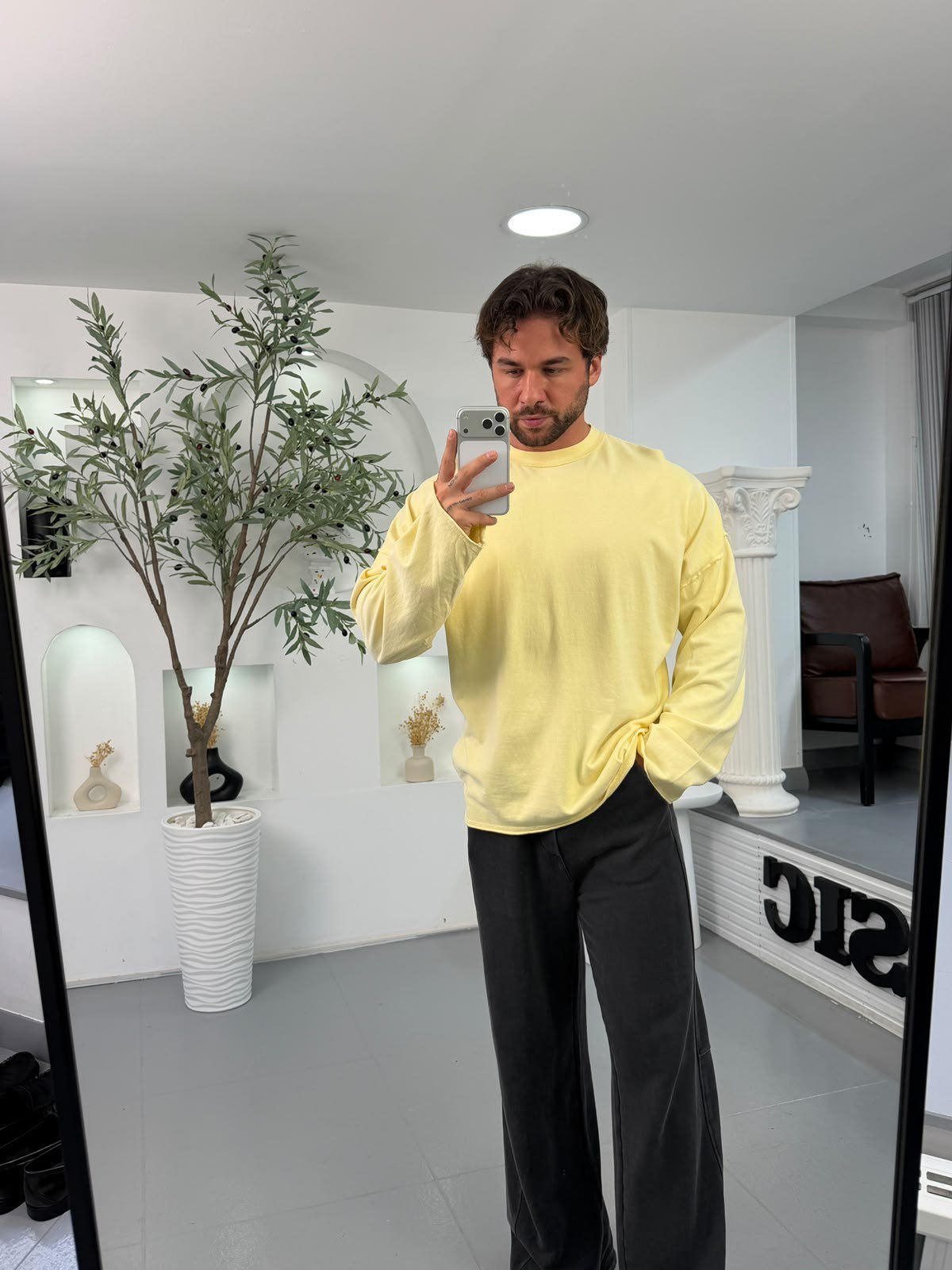 Sarı KN Yıkamalı Oversize Sweatshirt
