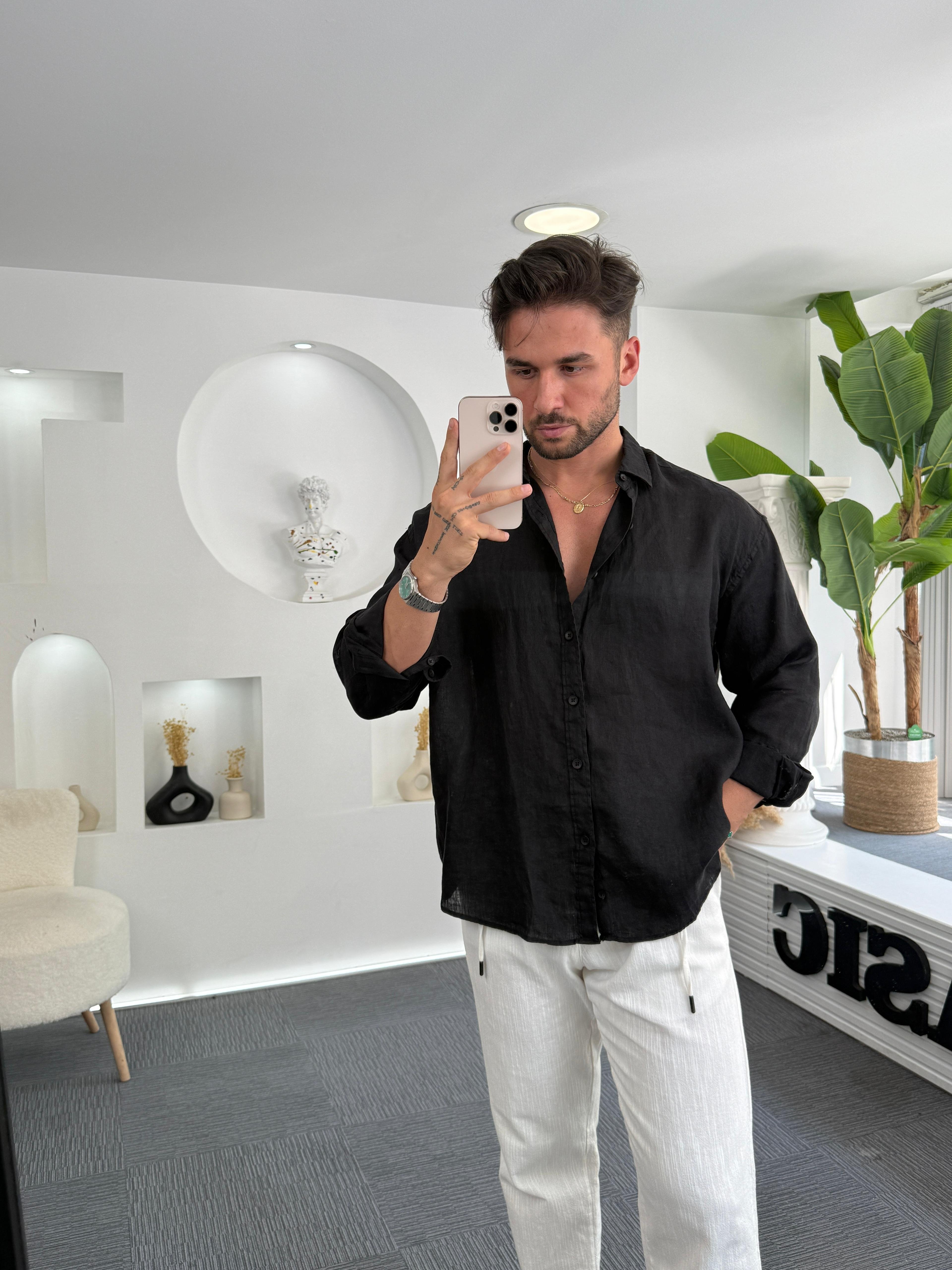 Siyah %100 Linen Oversize GG Gömlek