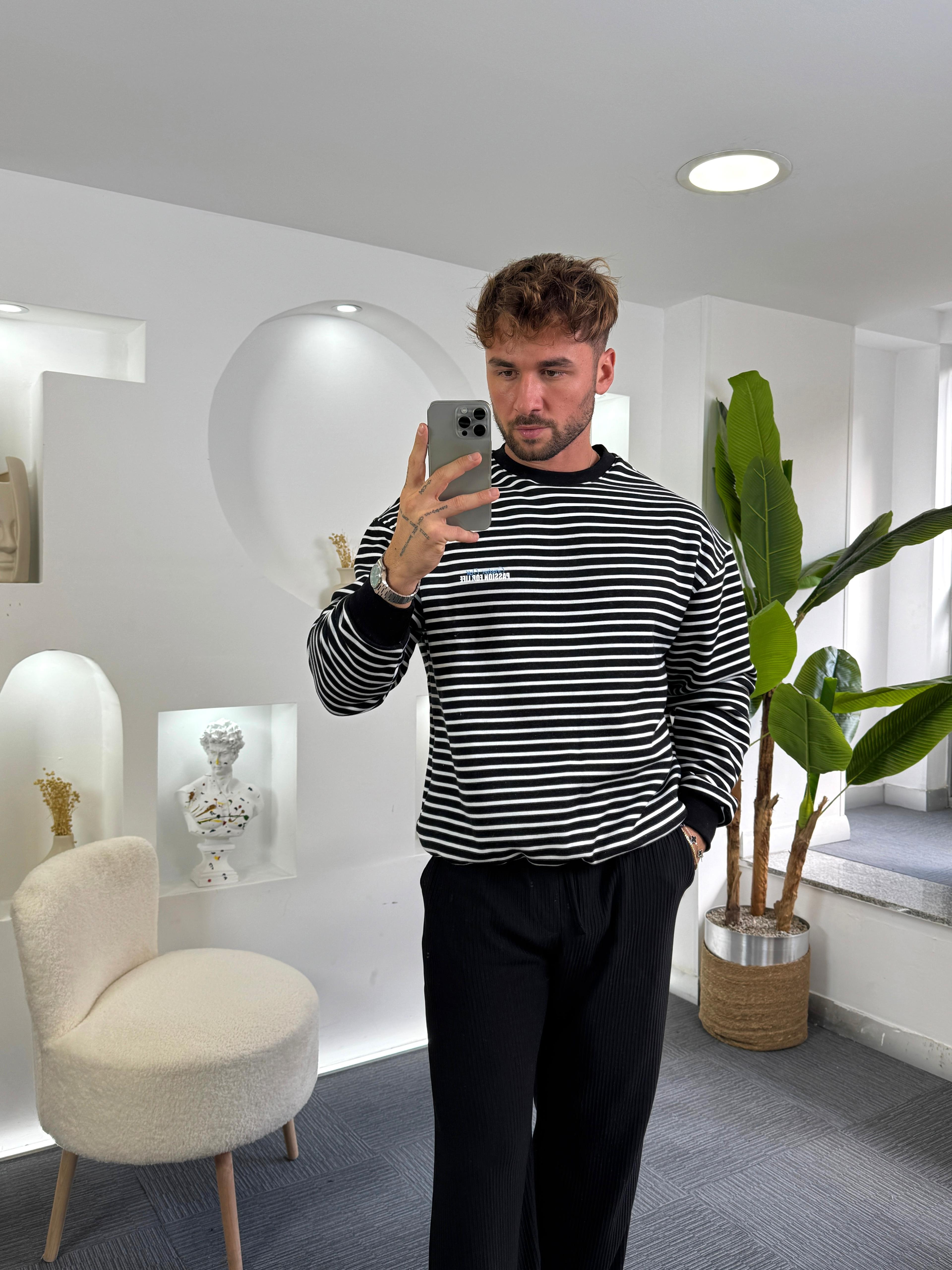 Siyah Beyaz Ess Life Oversize 3iplik Şardonlu Sweat