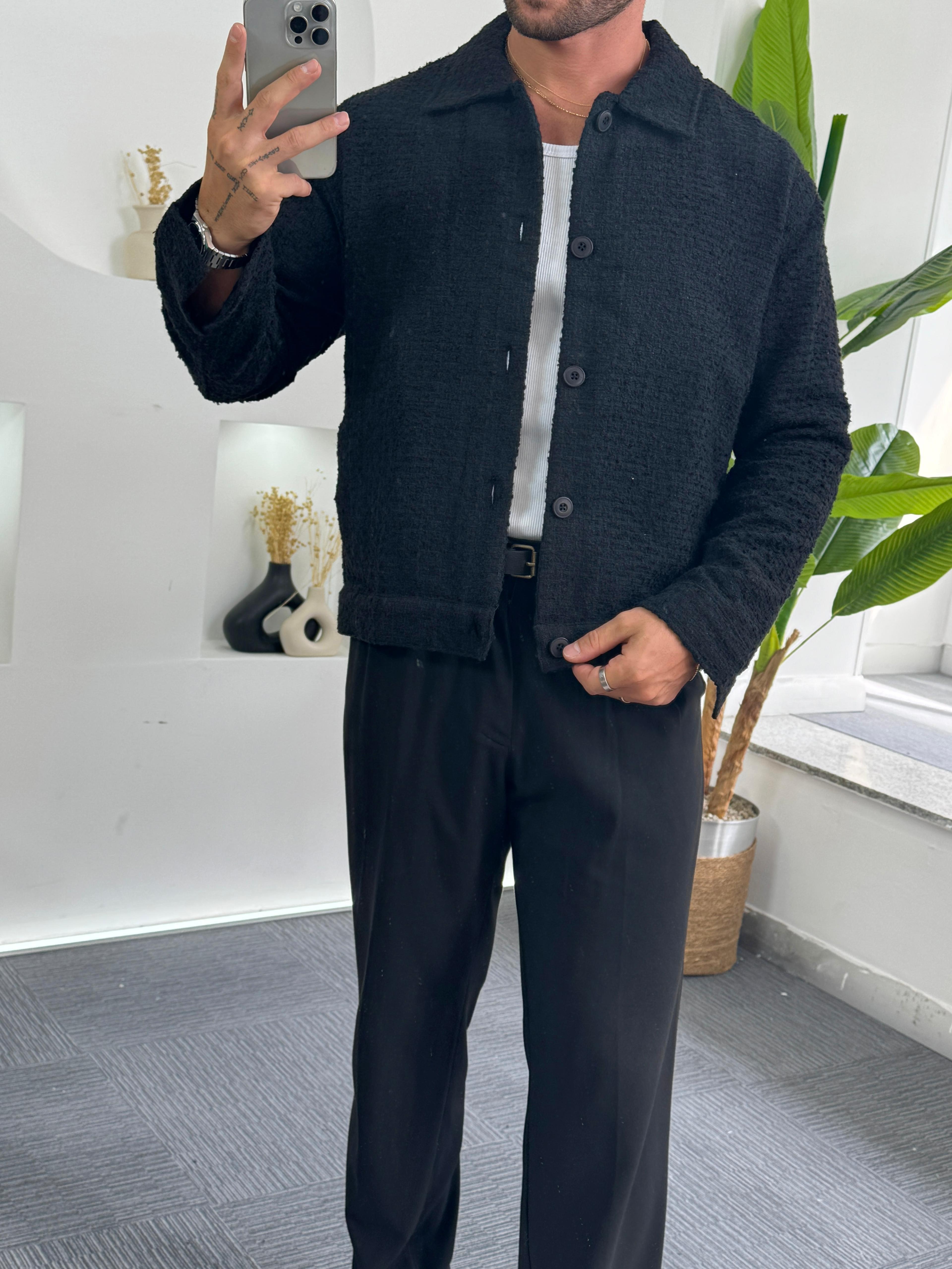 Siyah Crop Fit MR Kaşe Ceket
