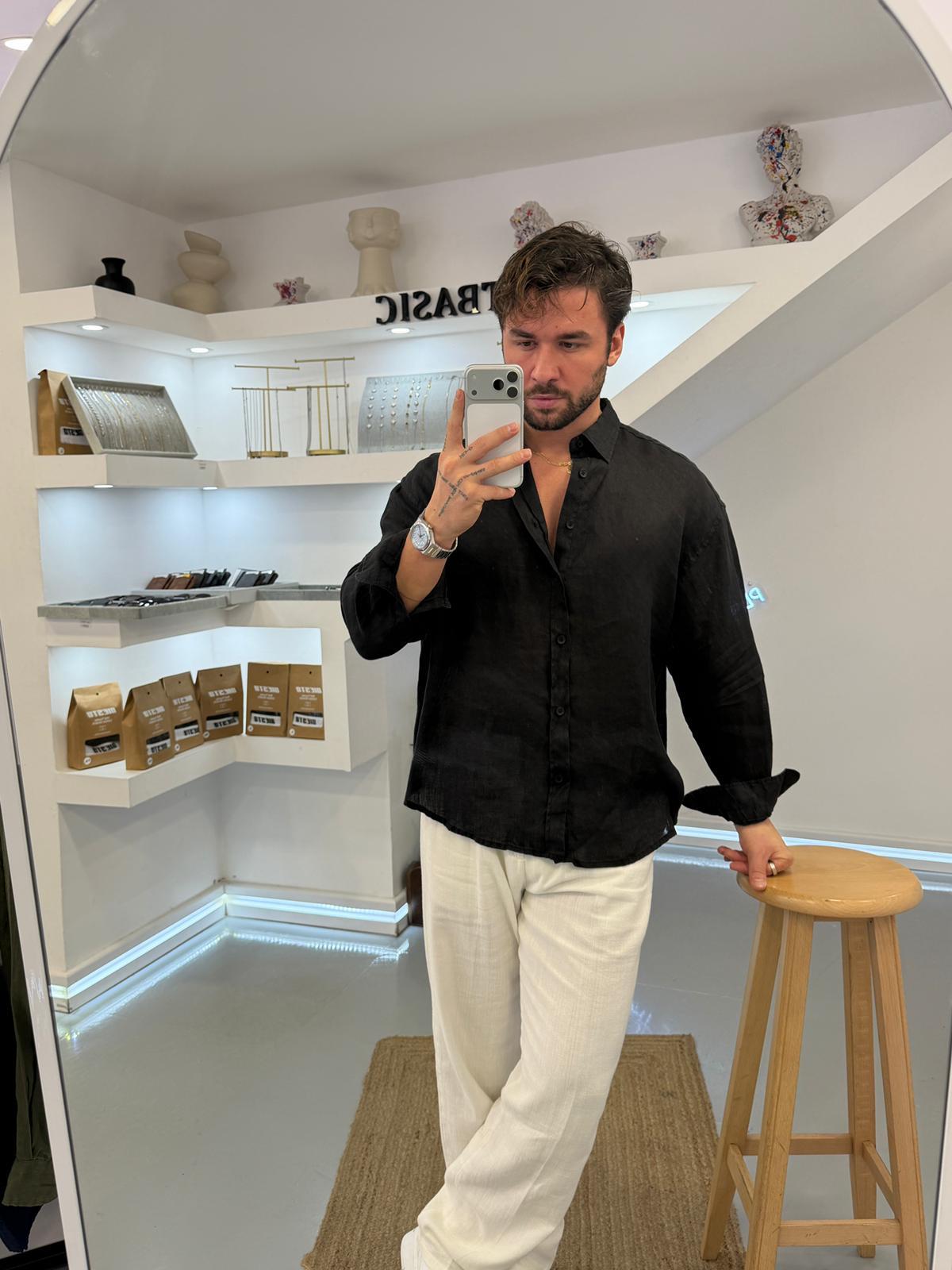 Siyah GG %100 Linen Oversize Premium Gömlek