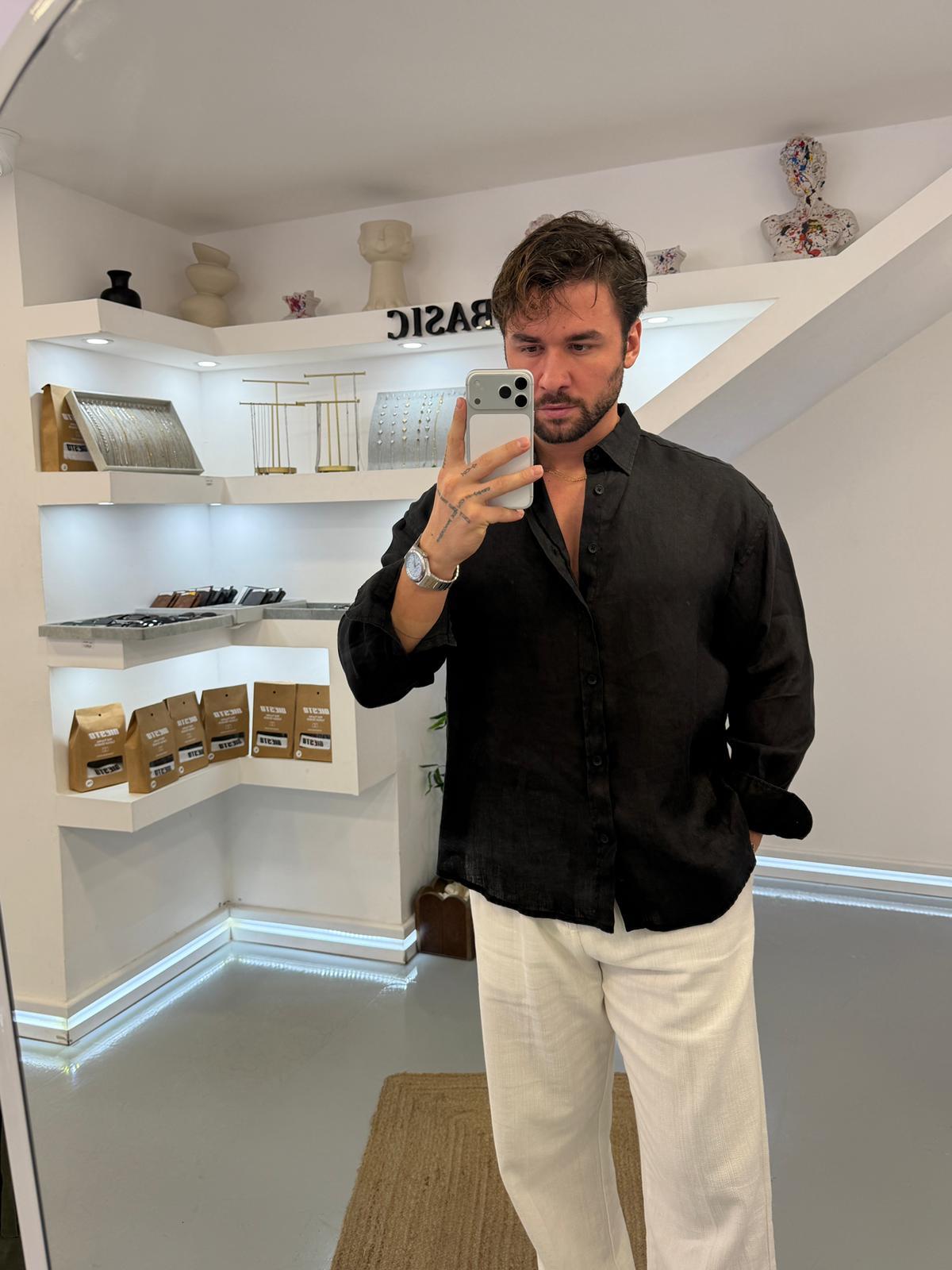 Siyah GG %100 Linen Oversize Premium Gömlek