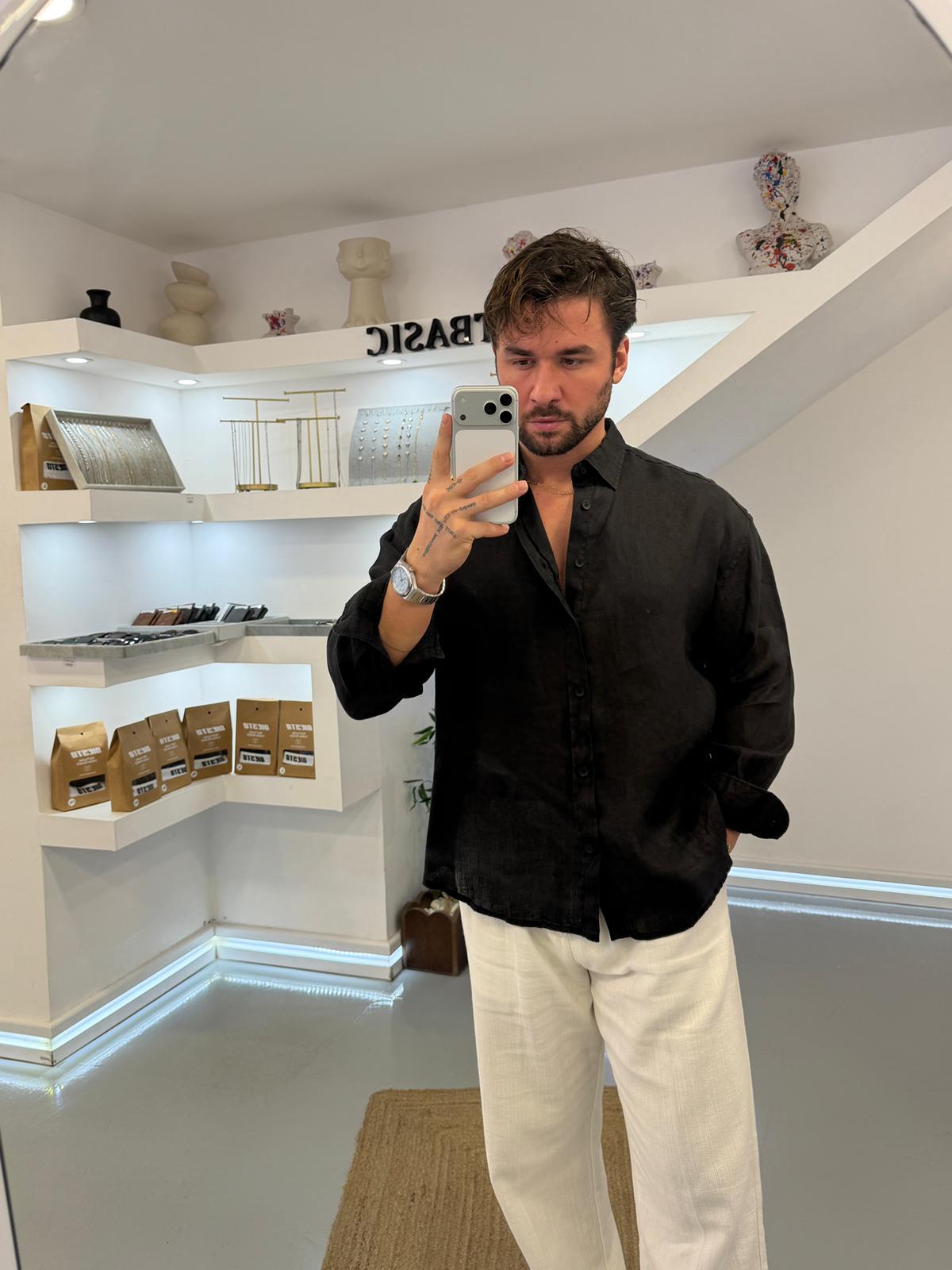 Siyah GG %100 Linen Oversize Premium Gömlek