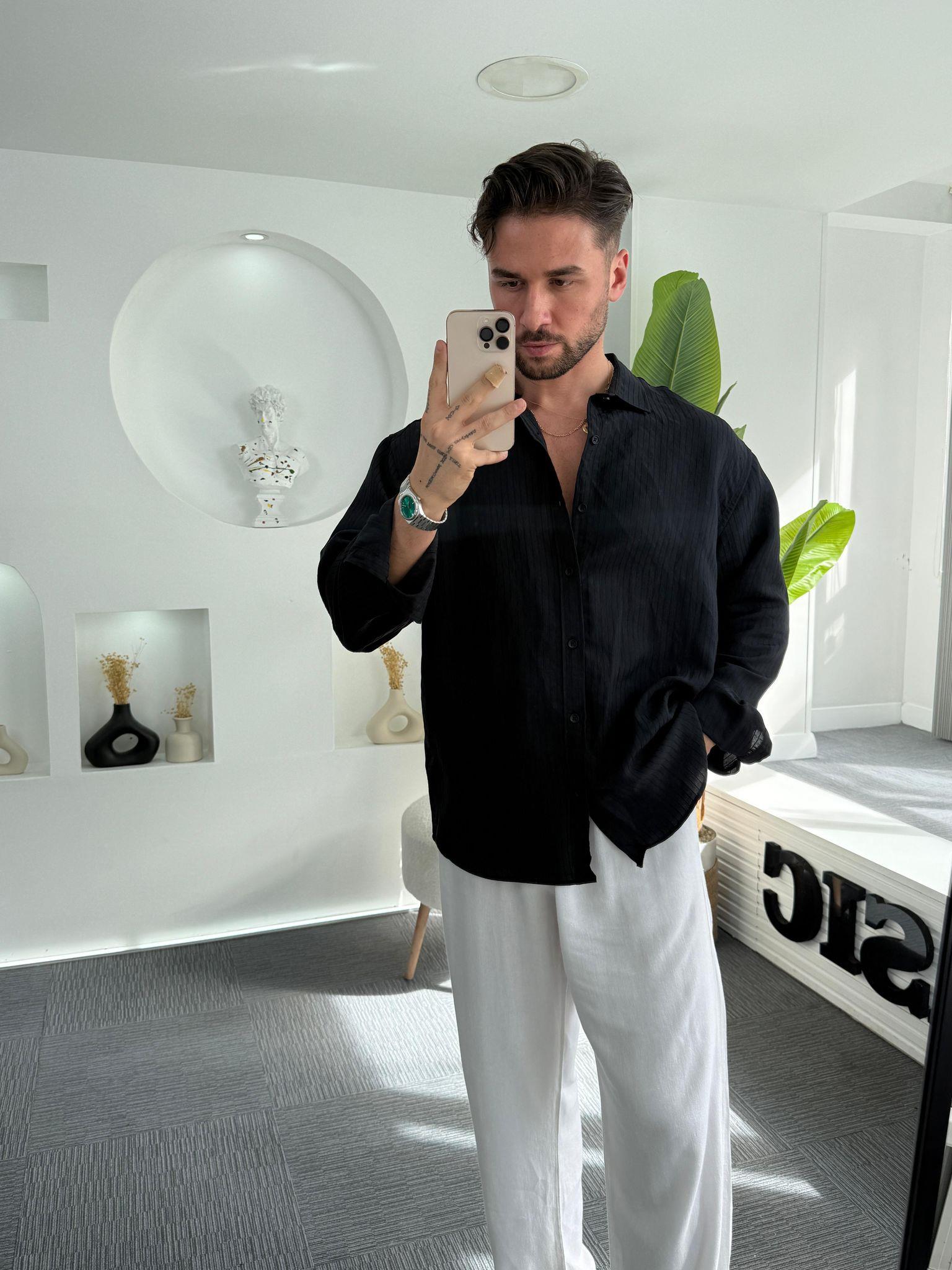 Siyah GG Armür Çizgili Oversize Gömlek