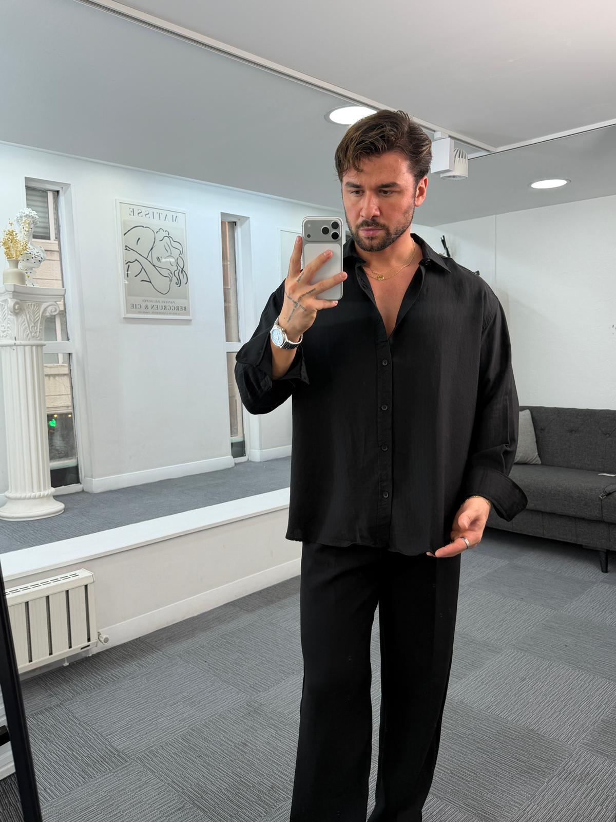 Siyah GG Armür Çizgili Oversize Tensel Gömlek