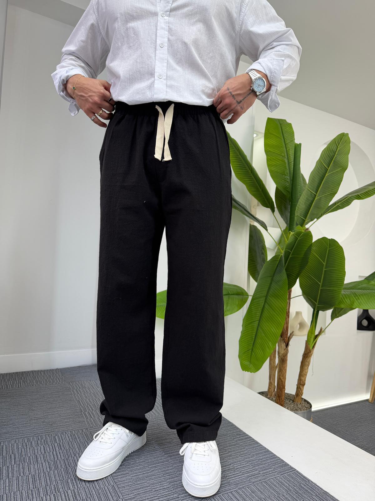 Siyah GG Basic Baggy Keten Pantolon