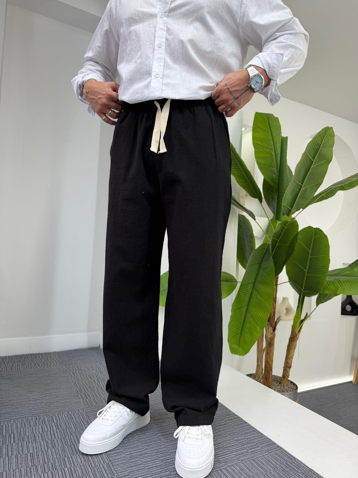 Siyah GG Basic Baggy Keten Pantolon