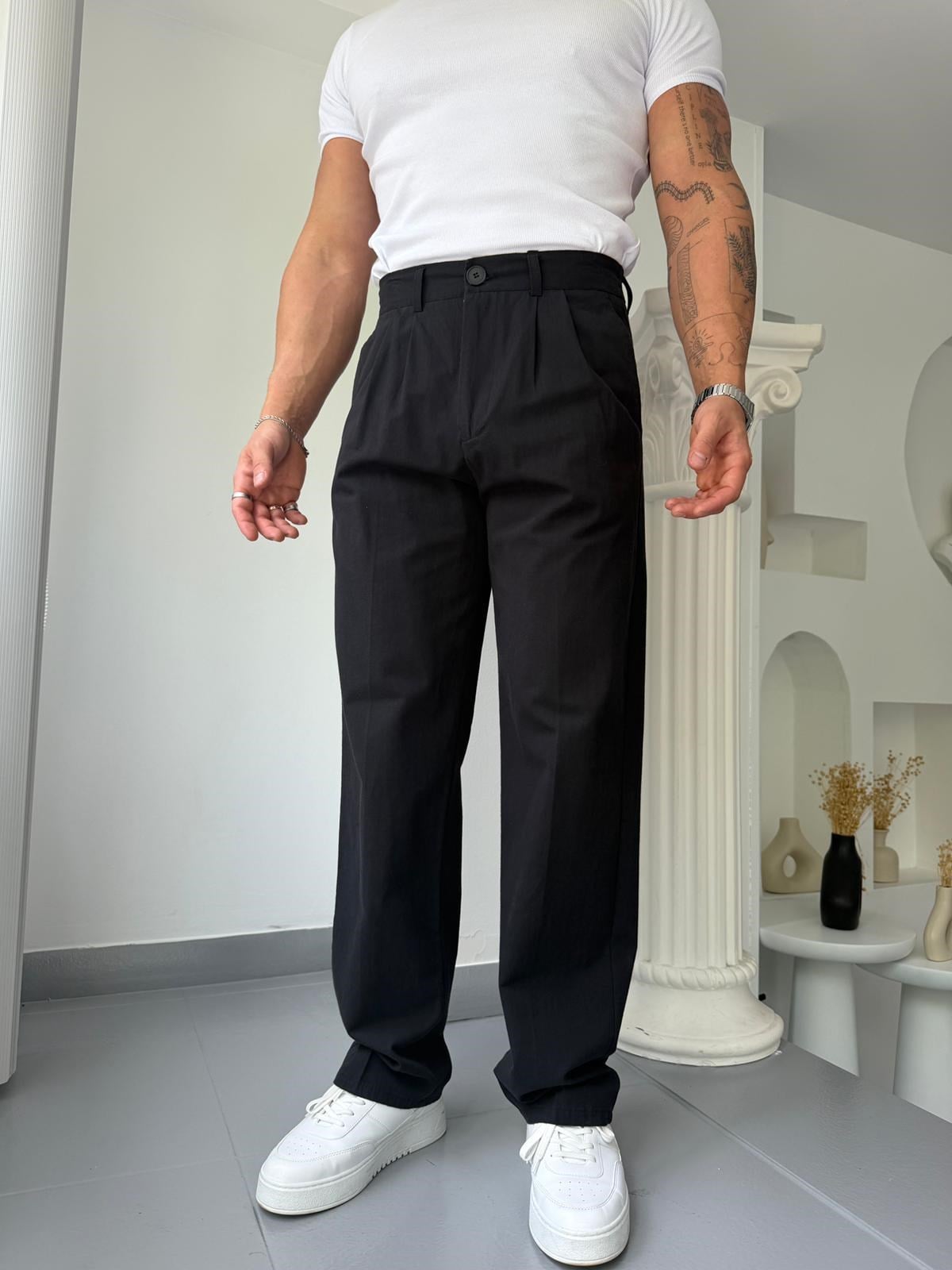 Siyah GG Cavello Düğmeli Pileli Baggy Keten Pantolon