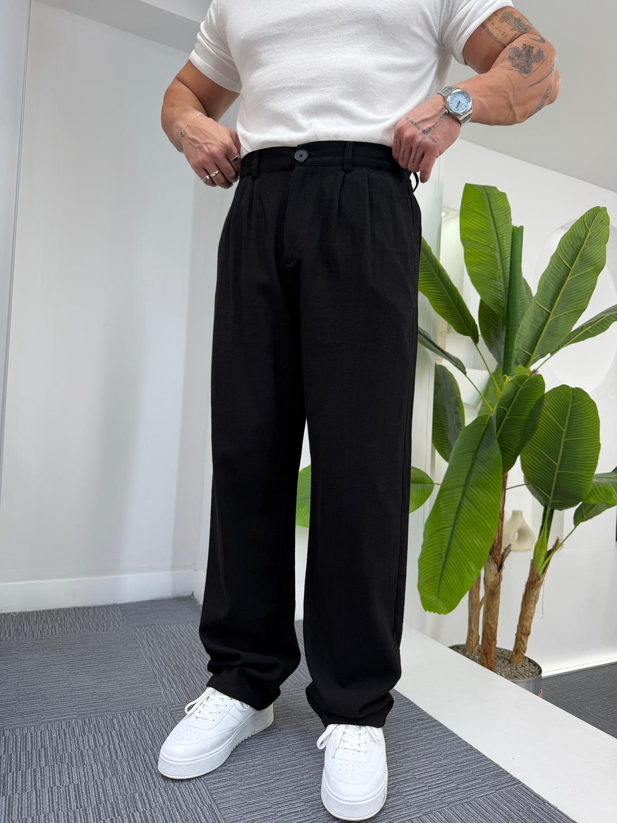Siyah GG Düğmeli Baggy Keten Pantolon