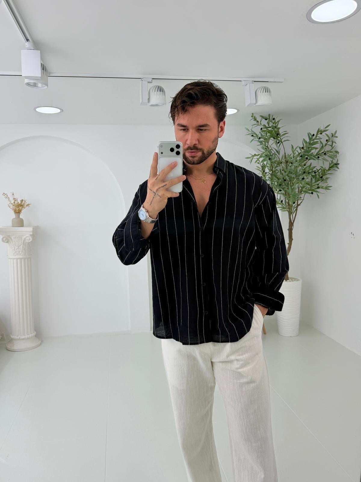 Siyah GG Geniş Çizgili Oversize Keten Gömlek