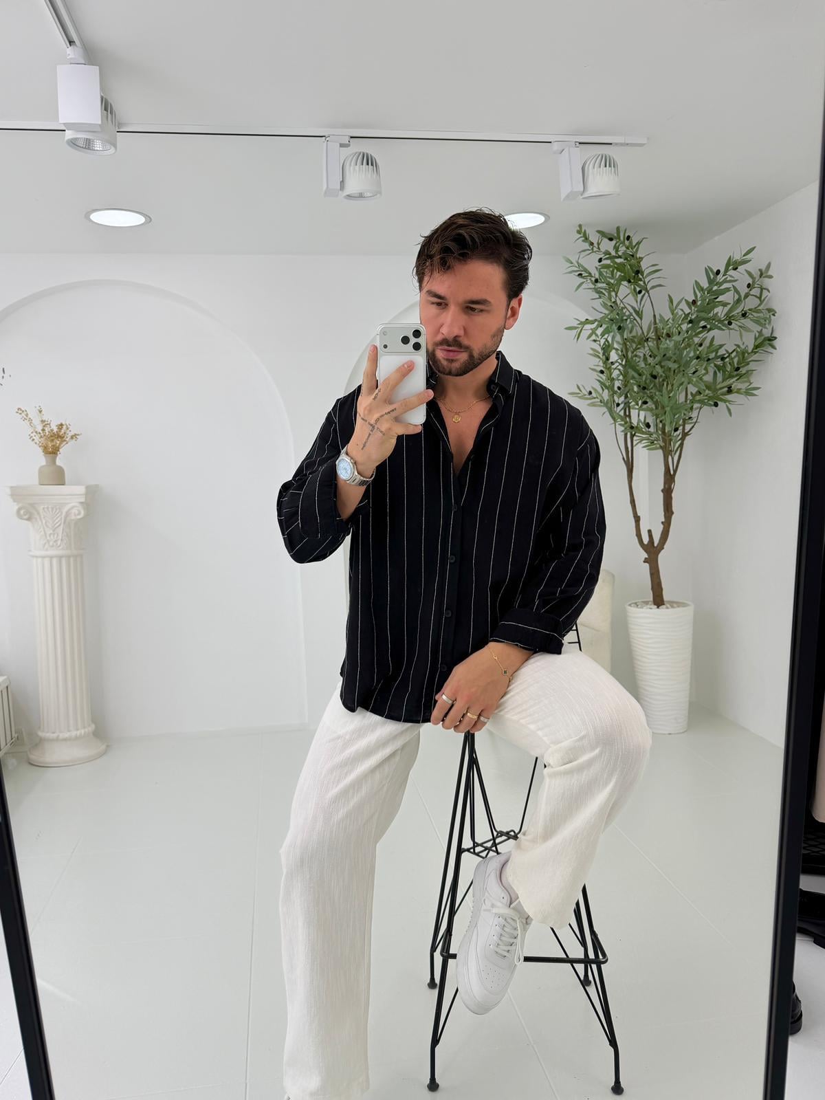 Siyah GG Geniş Çizgili Oversize Keten Gömlek