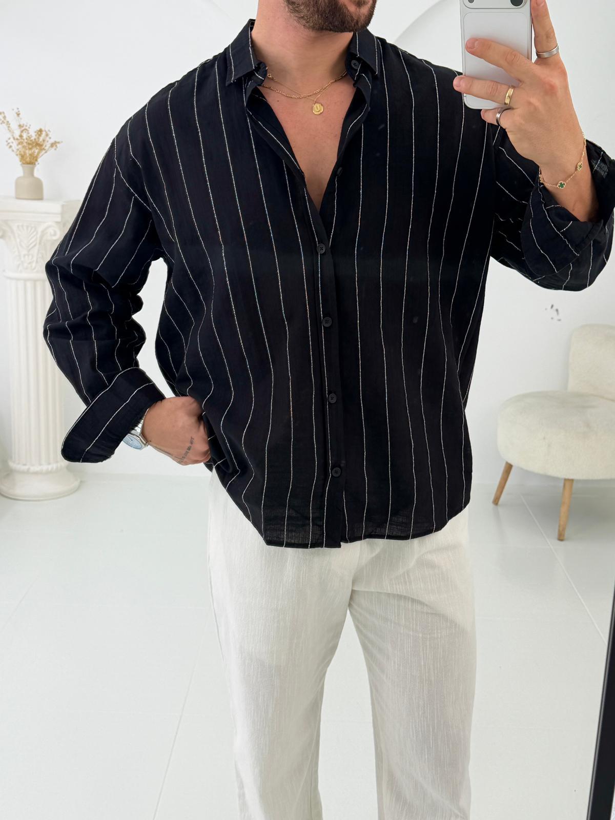 Siyah GG Geniş Çizgili Oversize Keten Gömlek