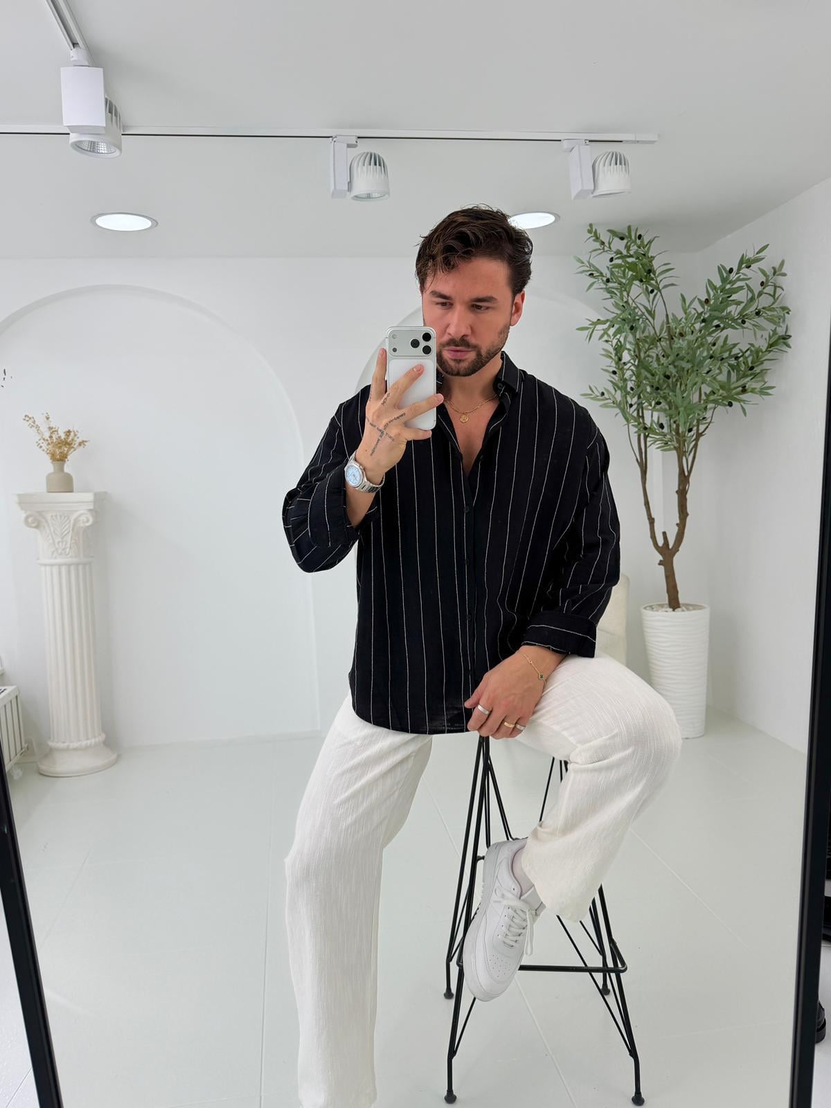 Siyah GG Geniş Çizgili Oversize Keten Gömlek