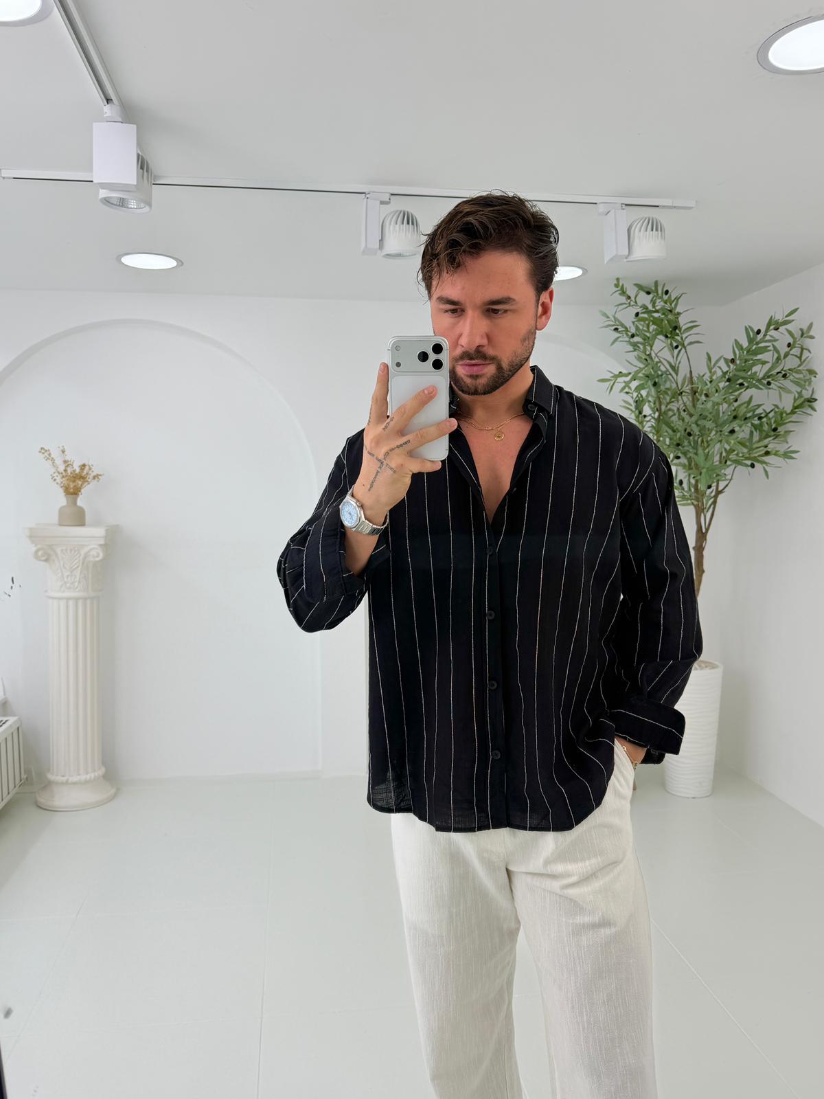 Siyah GG Geniş Çizgili Oversize Keten Gömlek