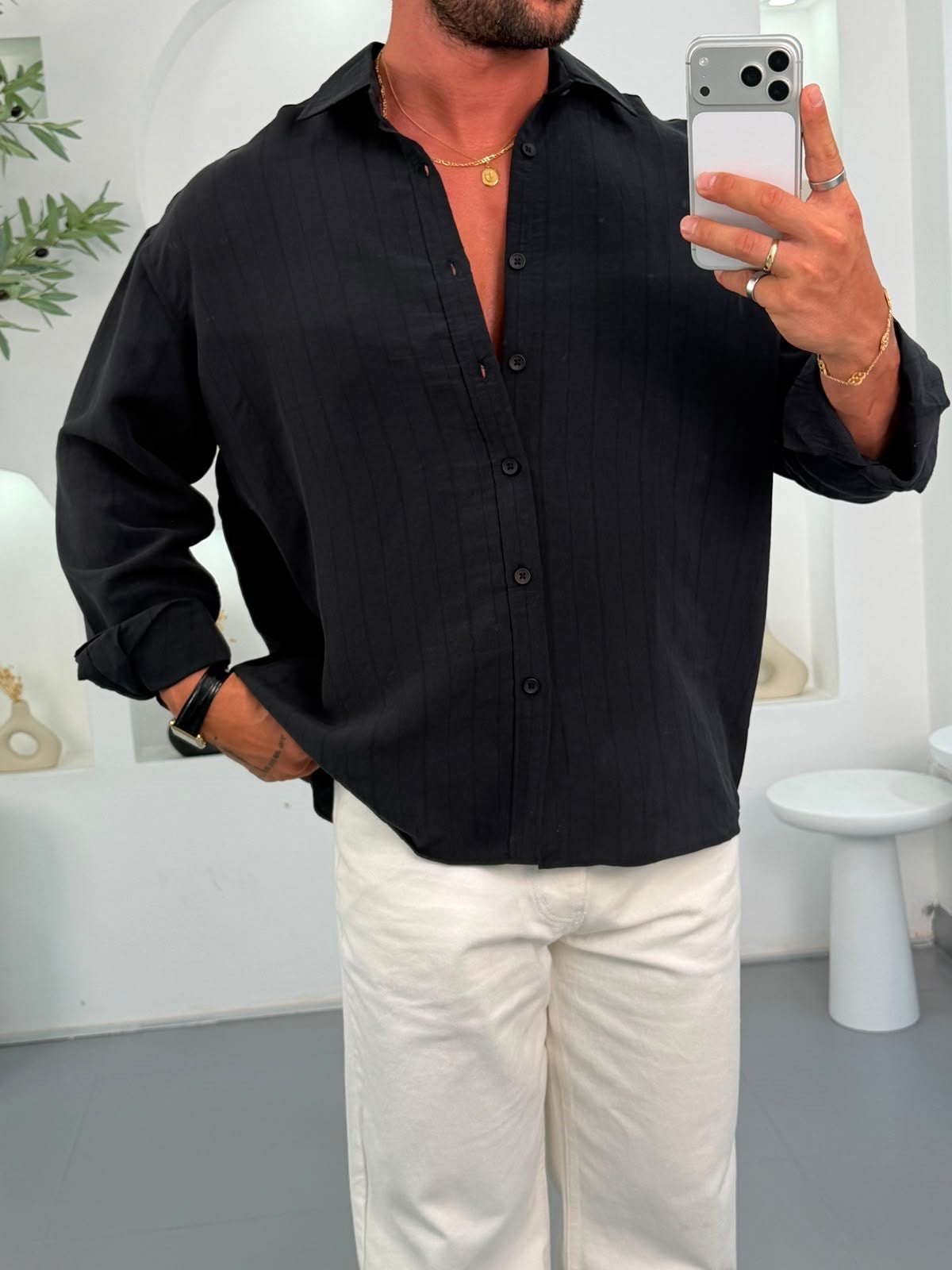 Siyah GG Geniş Çizgili Oversize Modal Gömlek