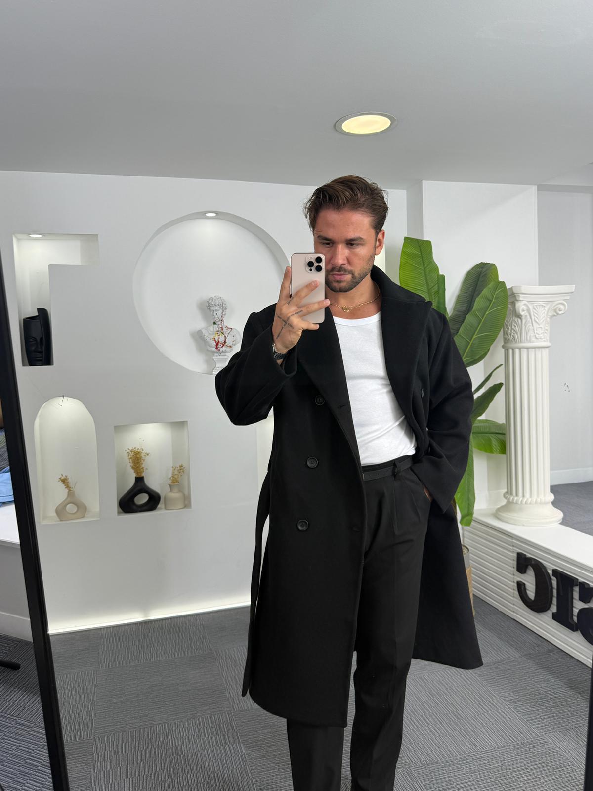 Siyah GG Kuşaklı Oversize Kaban