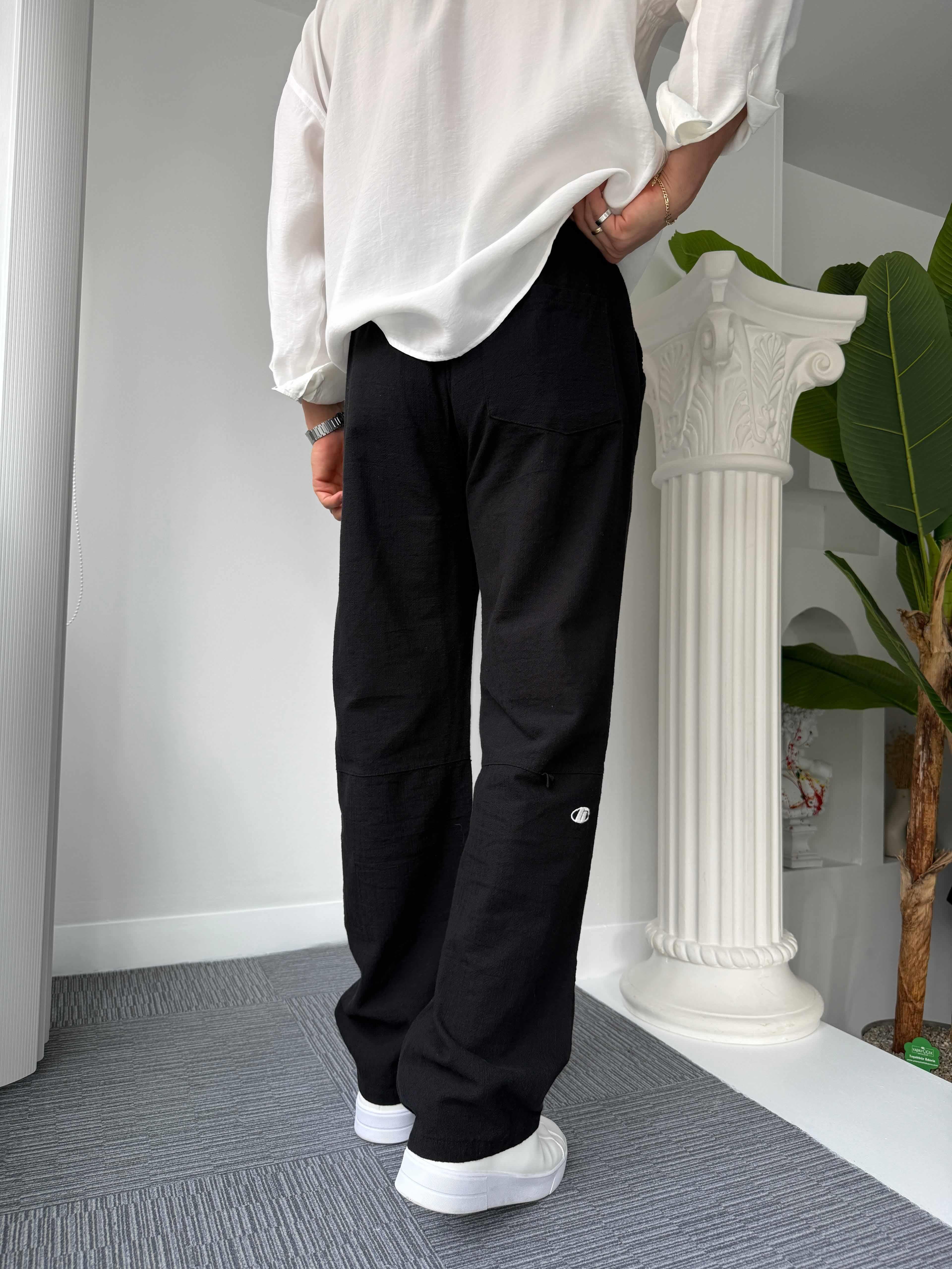 Siyah GG Nakışlı Linen Keten Pantolon
