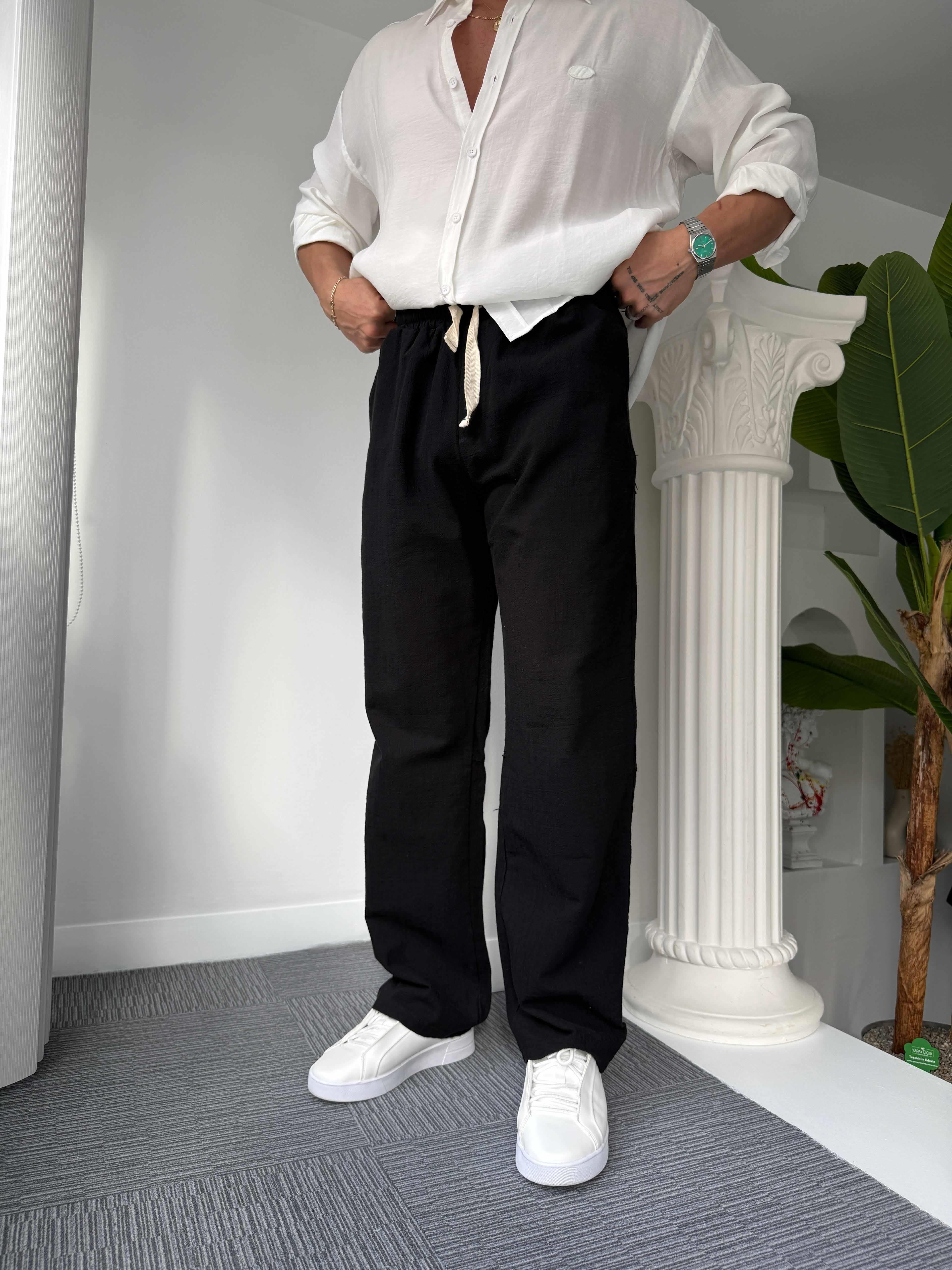 Siyah GG Nakışlı Linen Keten Pantolon