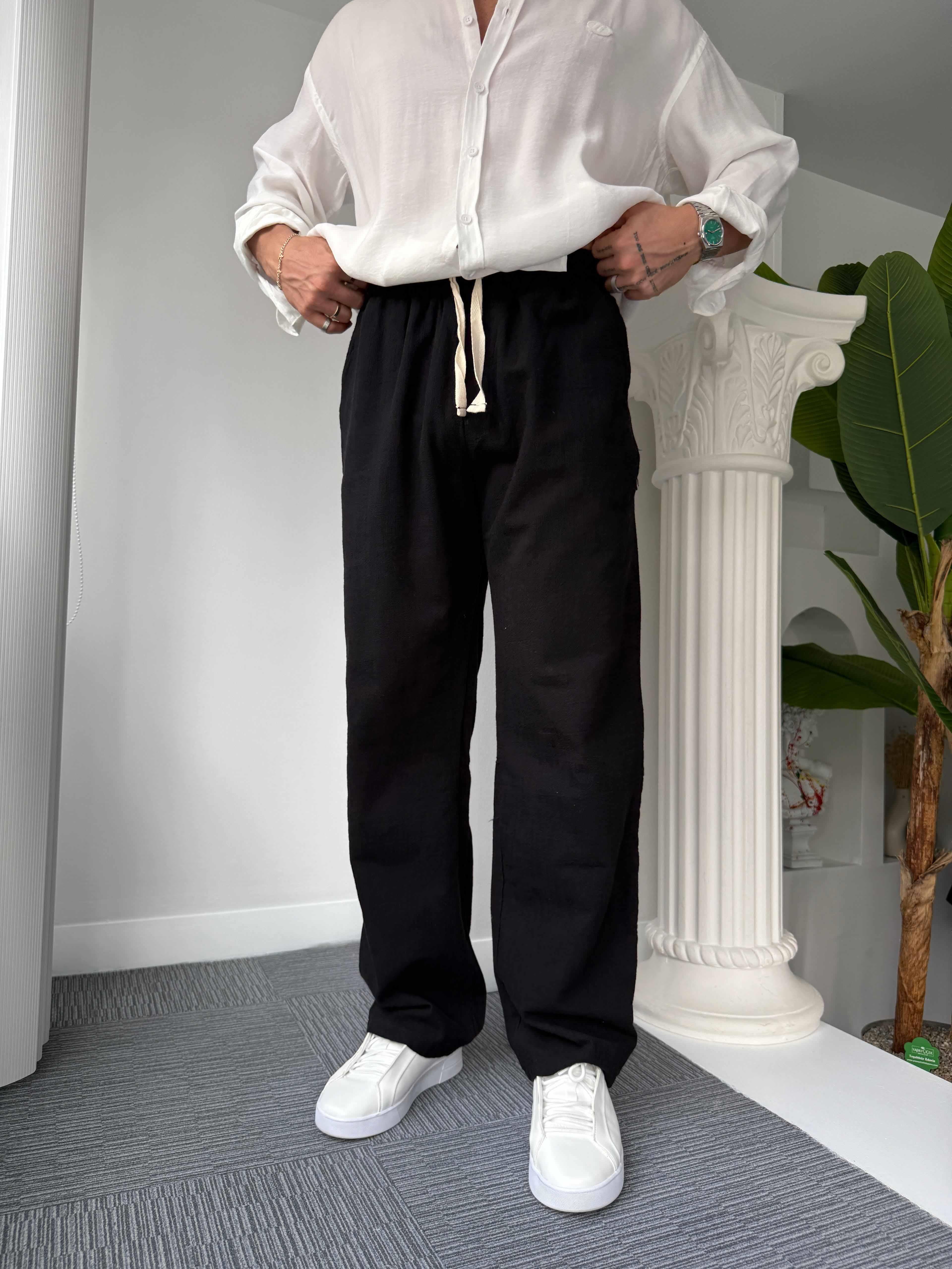 Siyah GG Nakışlı Linen Keten Pantolon