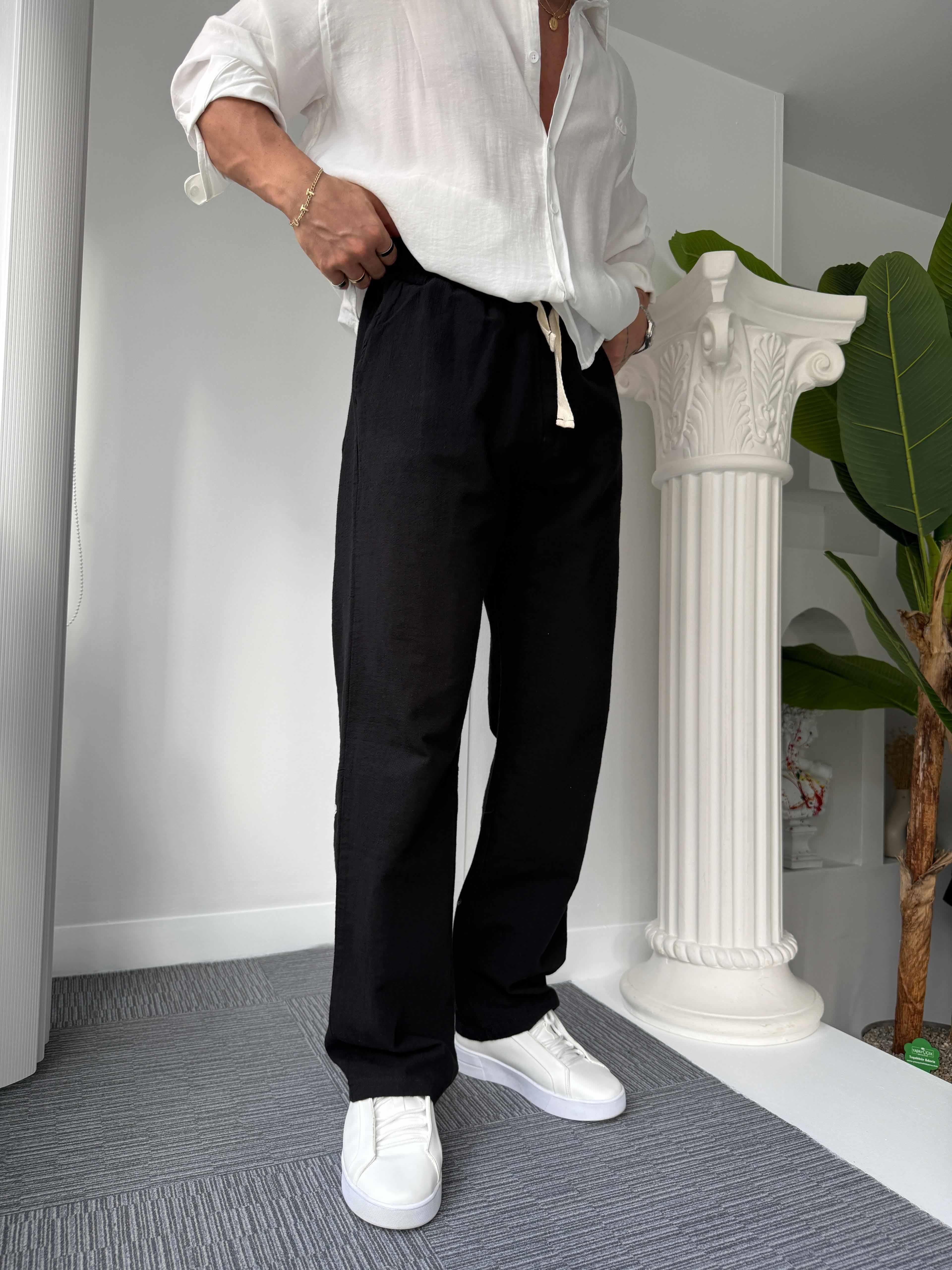 Siyah GG Nakışlı Linen Keten Pantolon