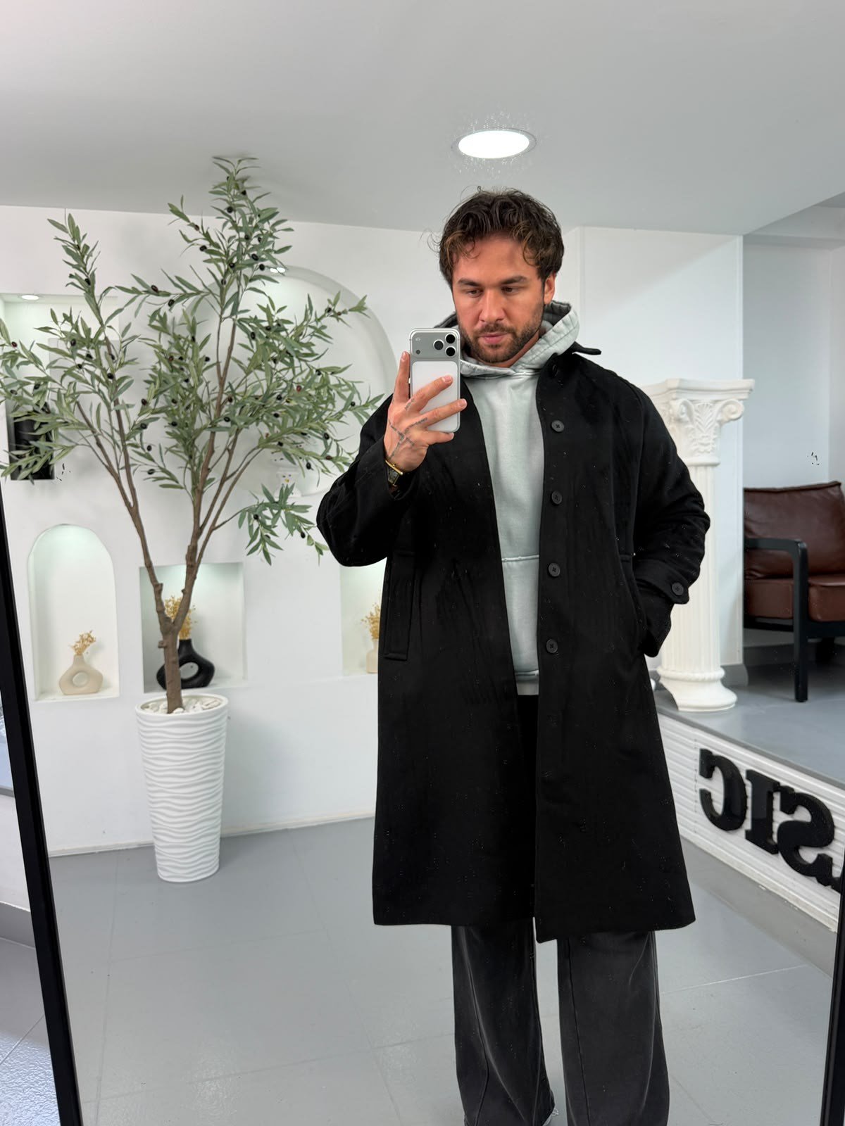 Siyah GG Oversize Basic Kaşe Kaban