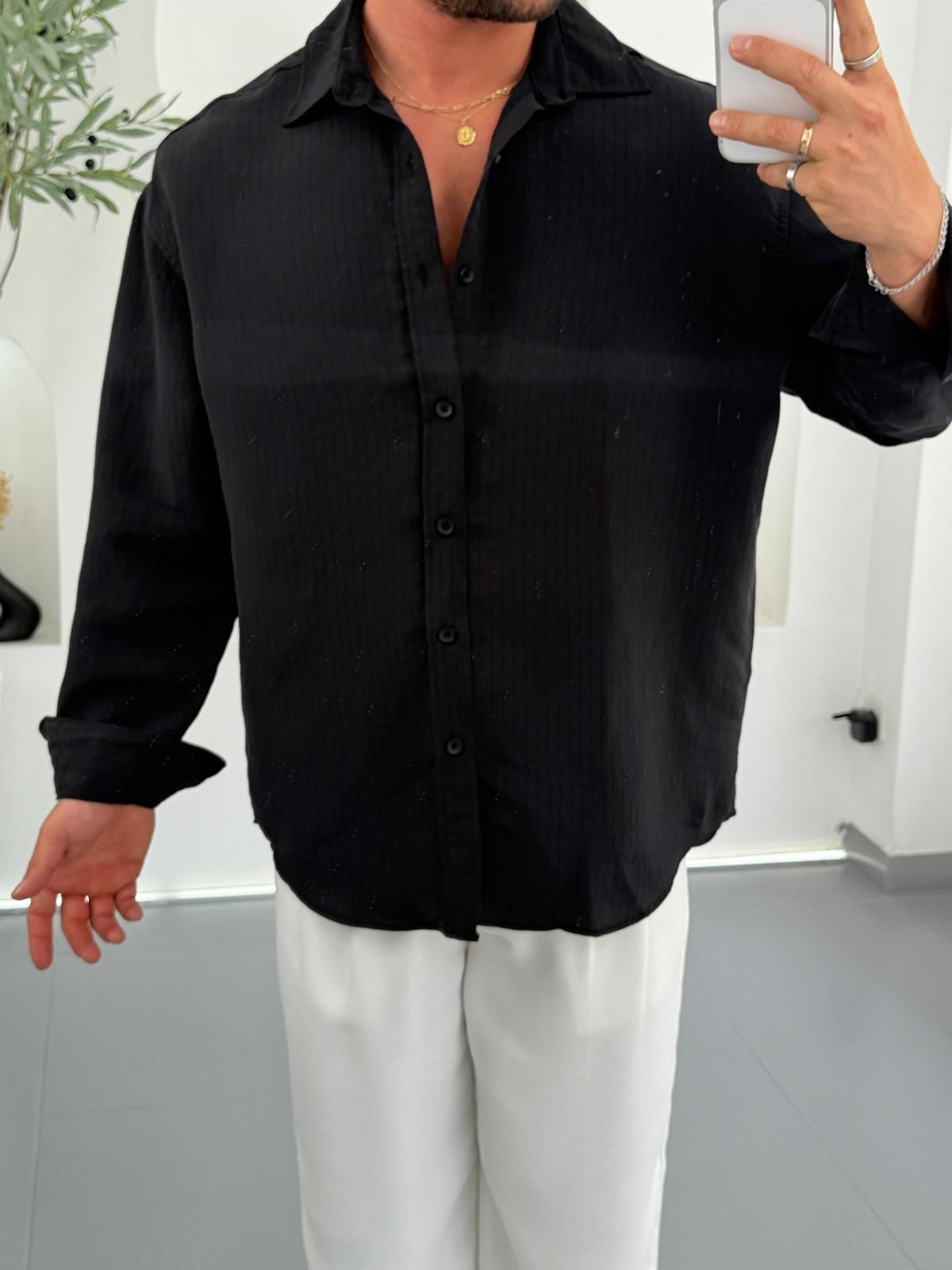 Siyah GG Oversize Dikey Çizgili Modal Gömlek