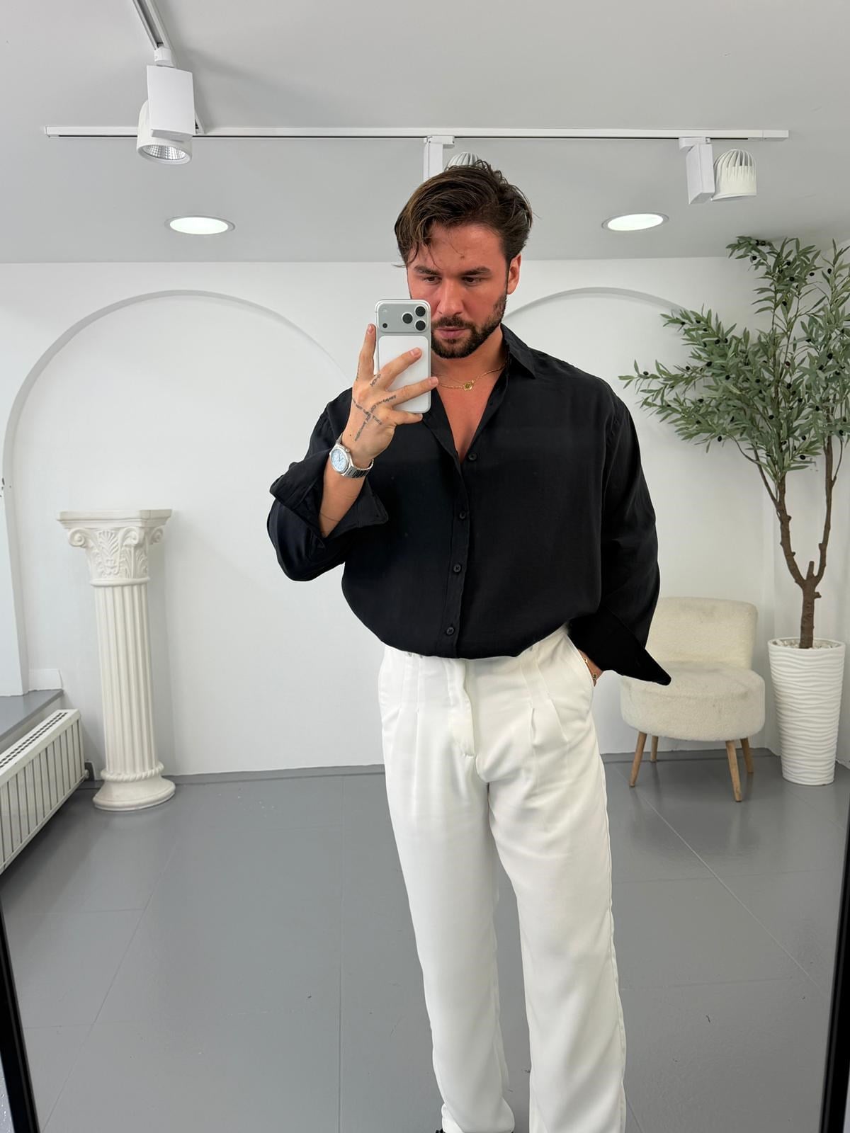 Siyah GG Oversize Modal Gömlek