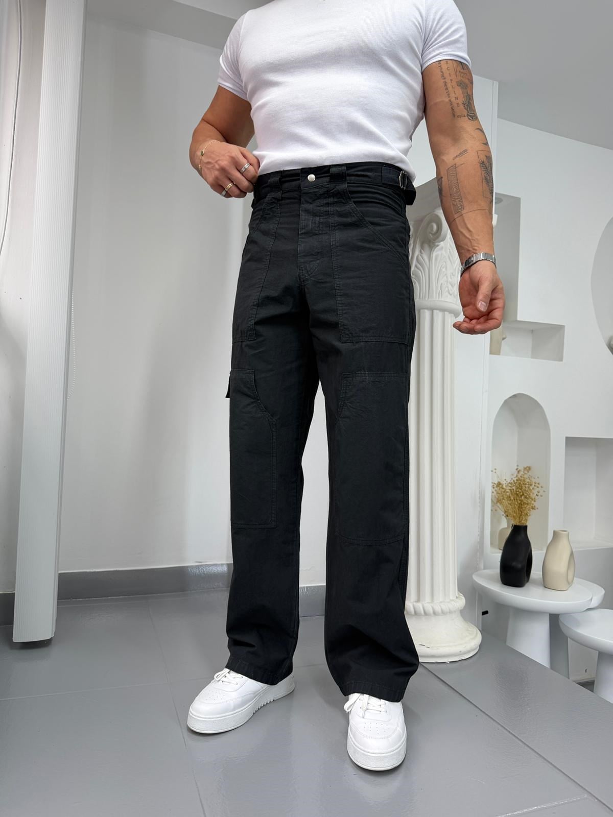 Siyah GG Premium Antik Yıkama Gabardin Pantolon