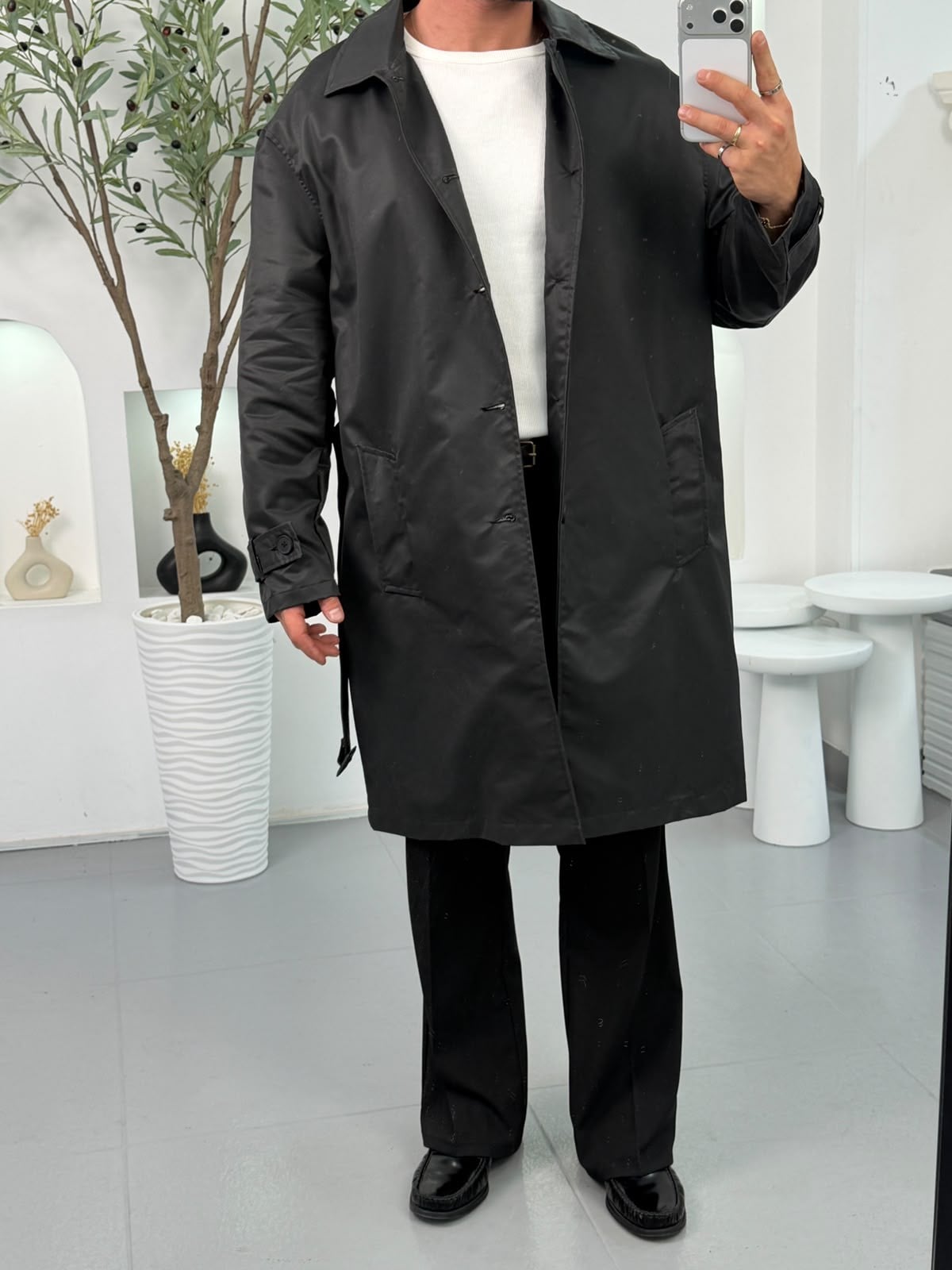 Siyah GG Premium Kemerli Uzun Trençkot