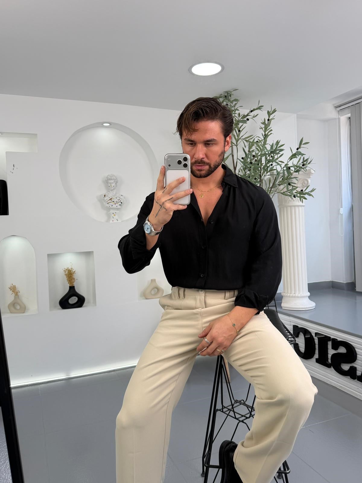 Siyah GG Regular Kalıp Basic Tensel Gömlek