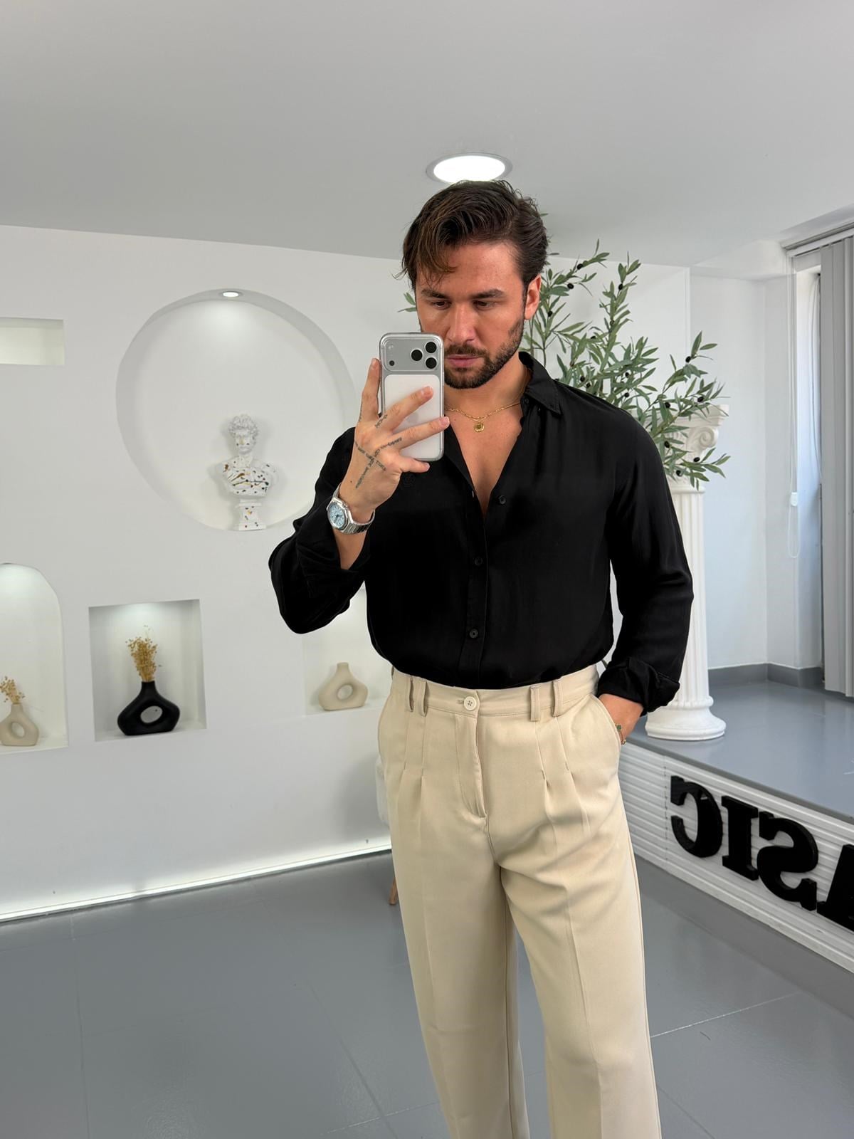 Siyah GG Regular Kalıp Basic Tensel Gömlek