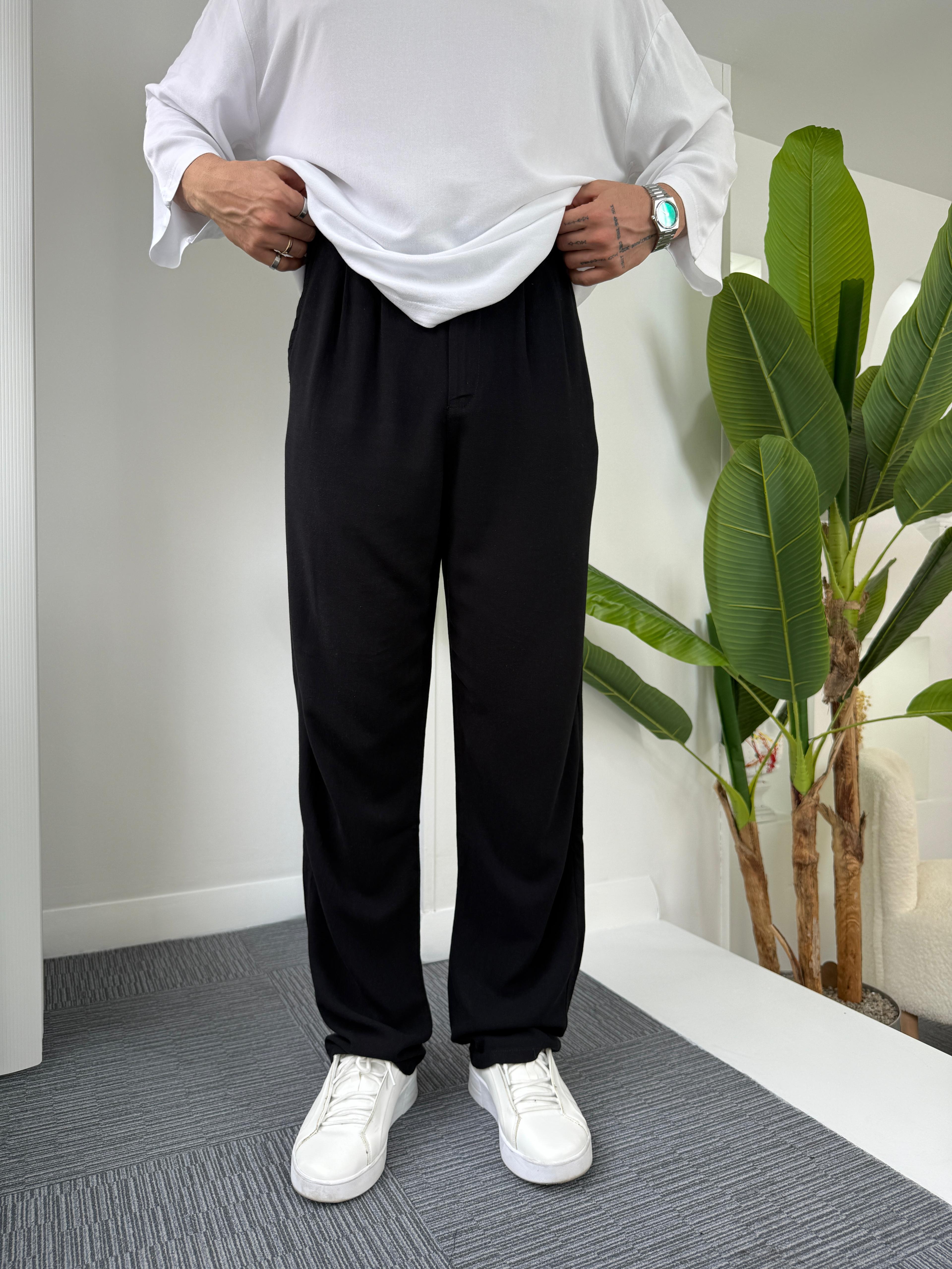 Siyah GG Viscon Keten Baggy Pantolon