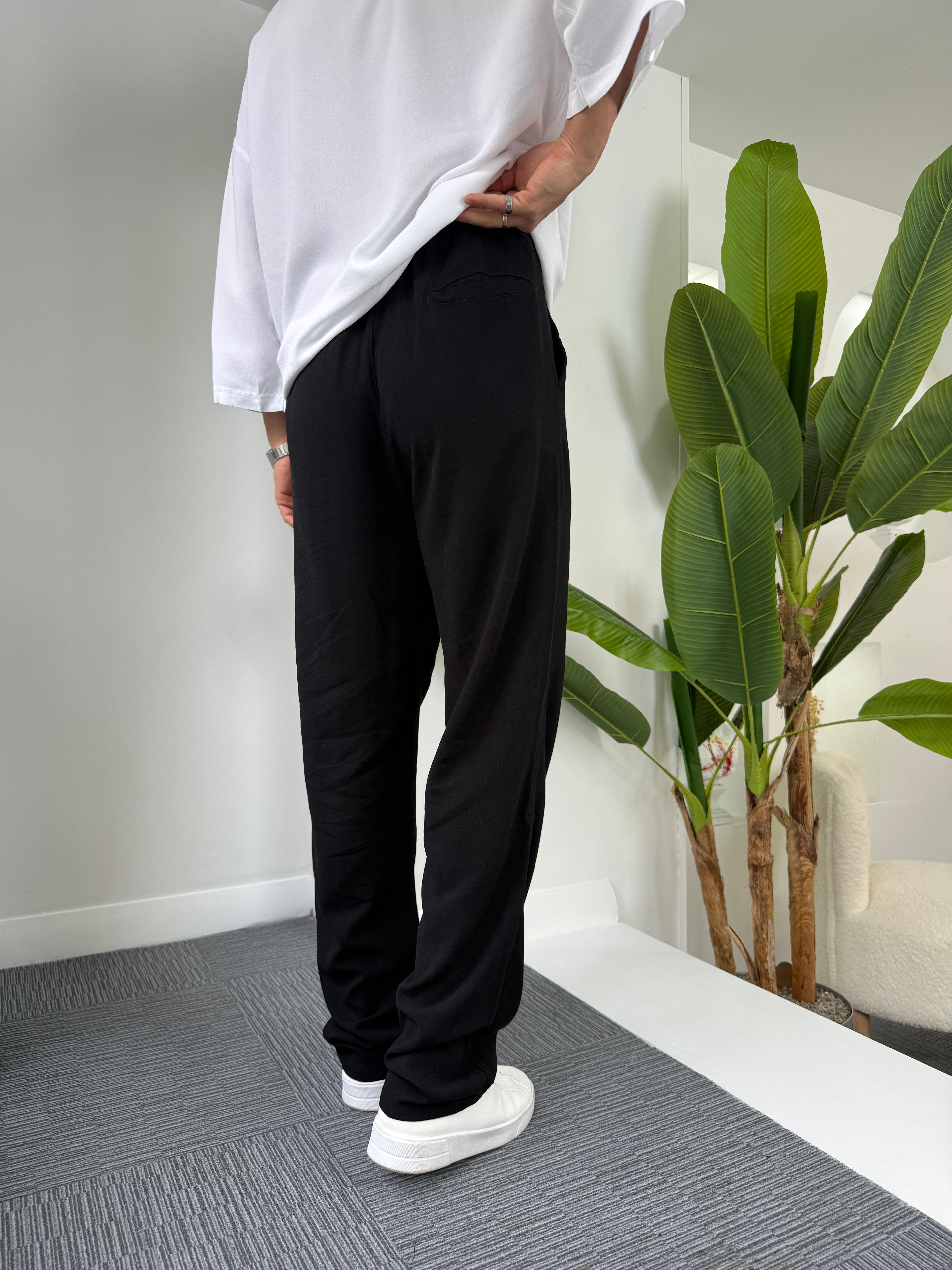 Siyah GG Viscon Keten Baggy Pantolon