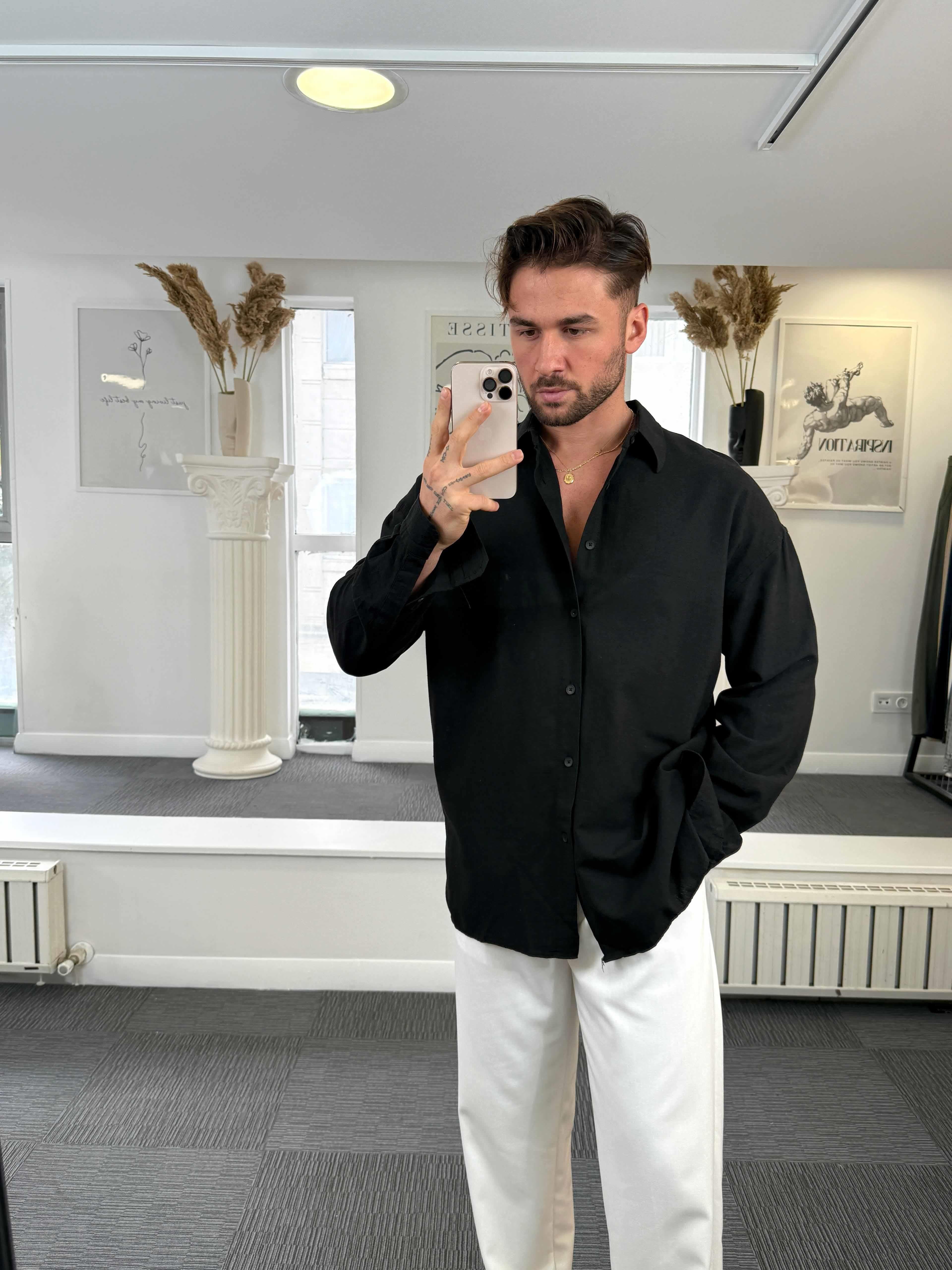 Siyah Gies Keten Oversize Gömlek
