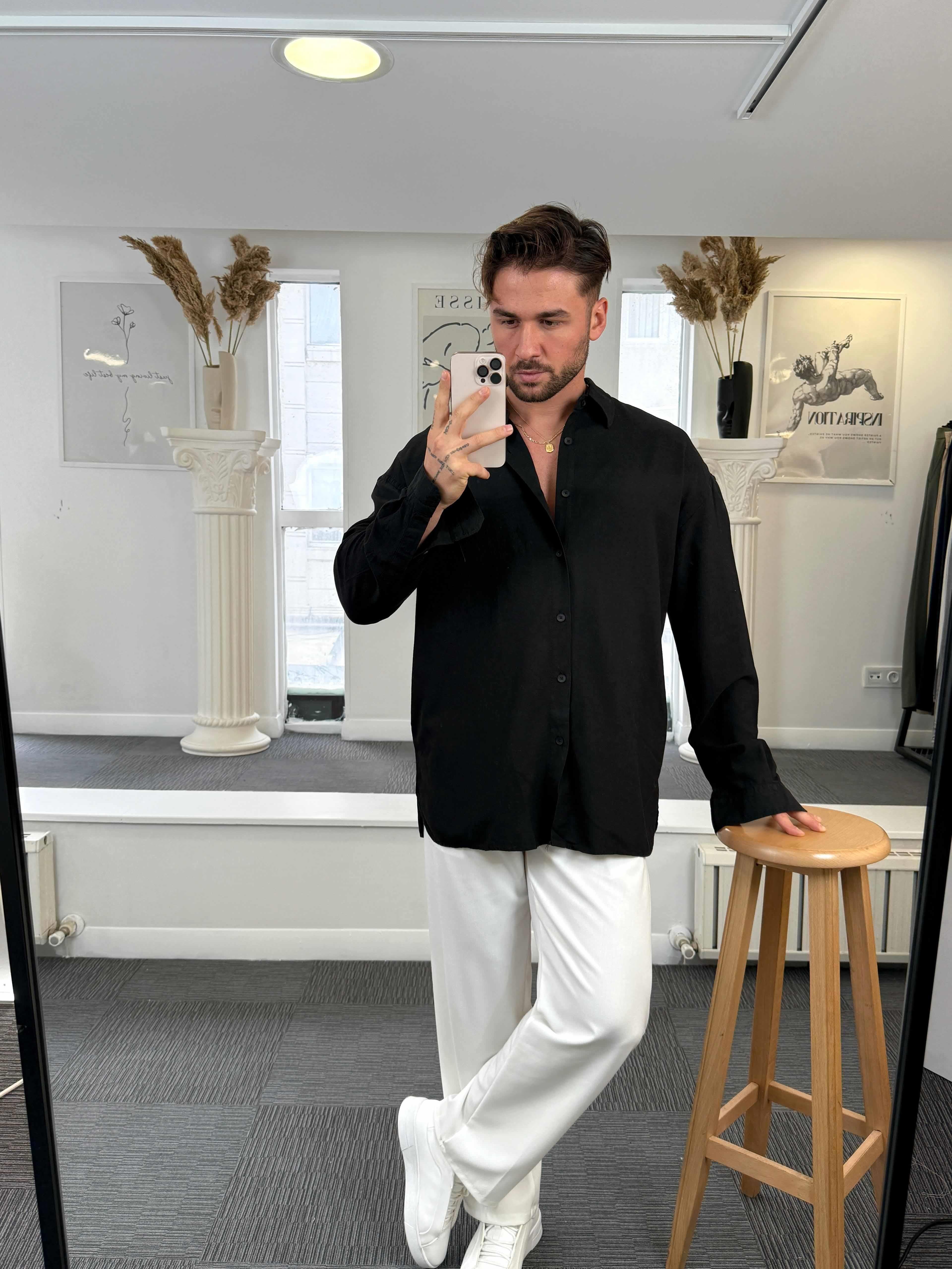 Siyah Gies Keten Oversize Gömlek