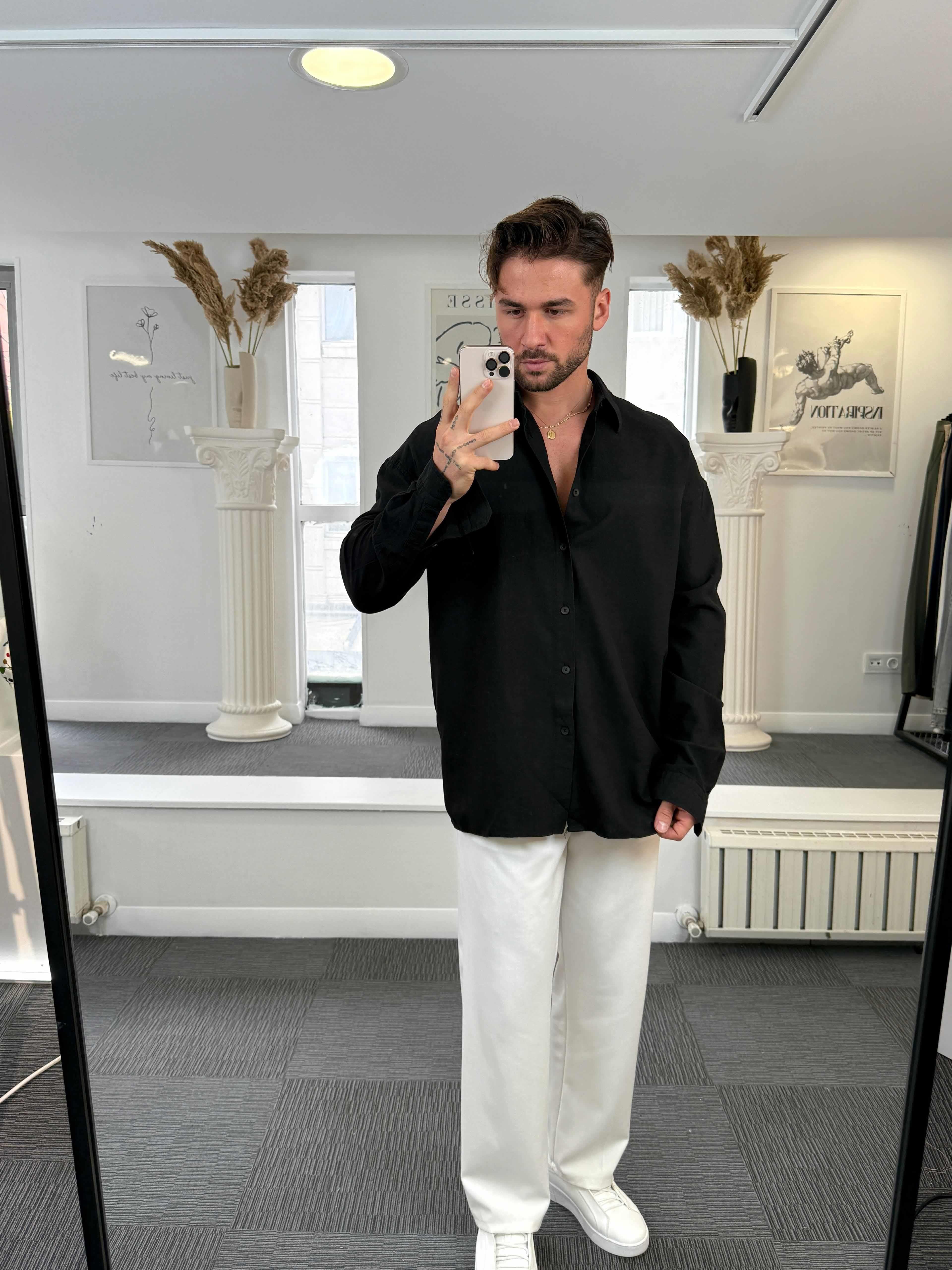 Siyah Gies Keten Oversize Gömlek