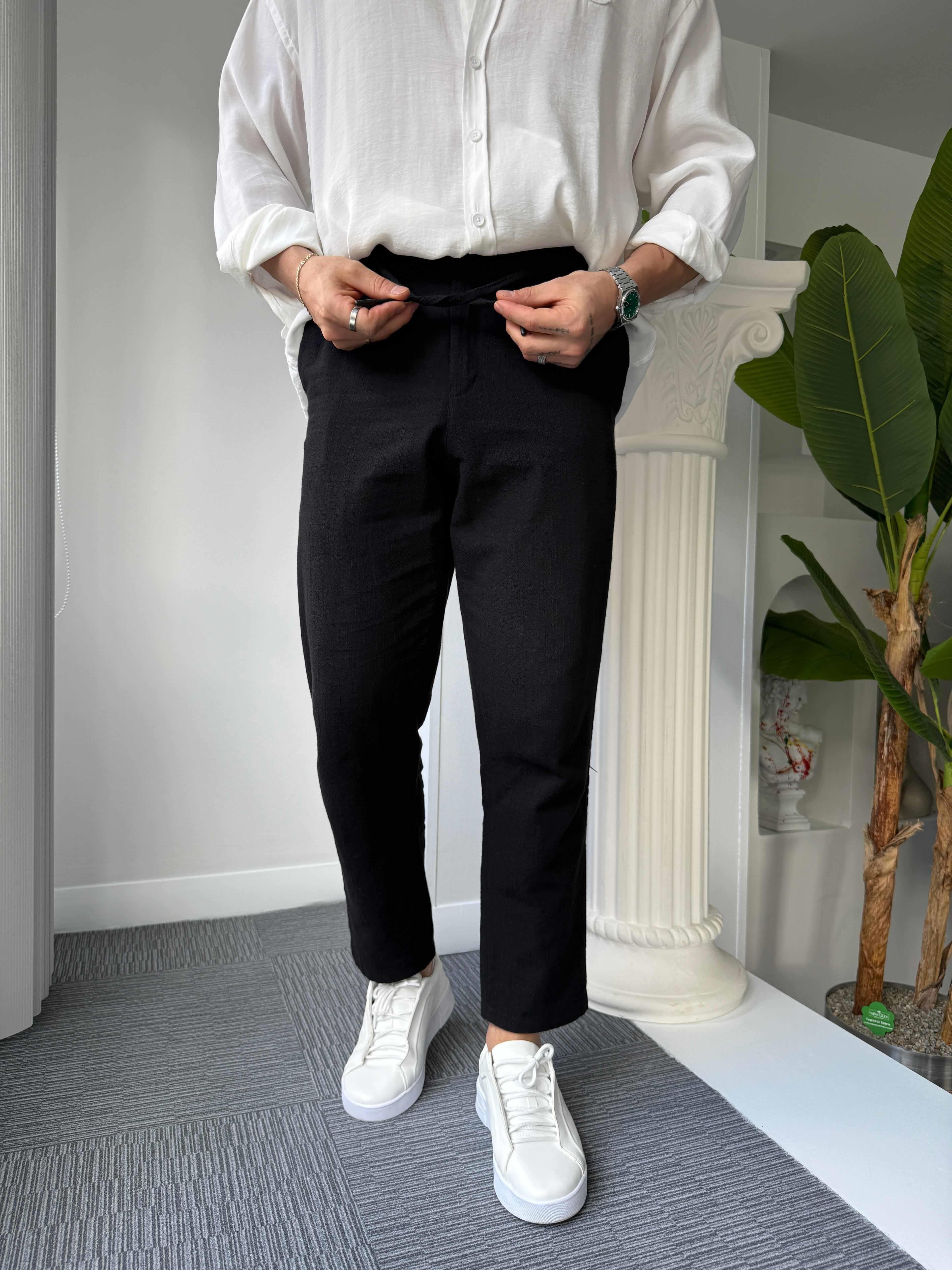 Siyah Giesto BF Kalıp Linen Pantolon