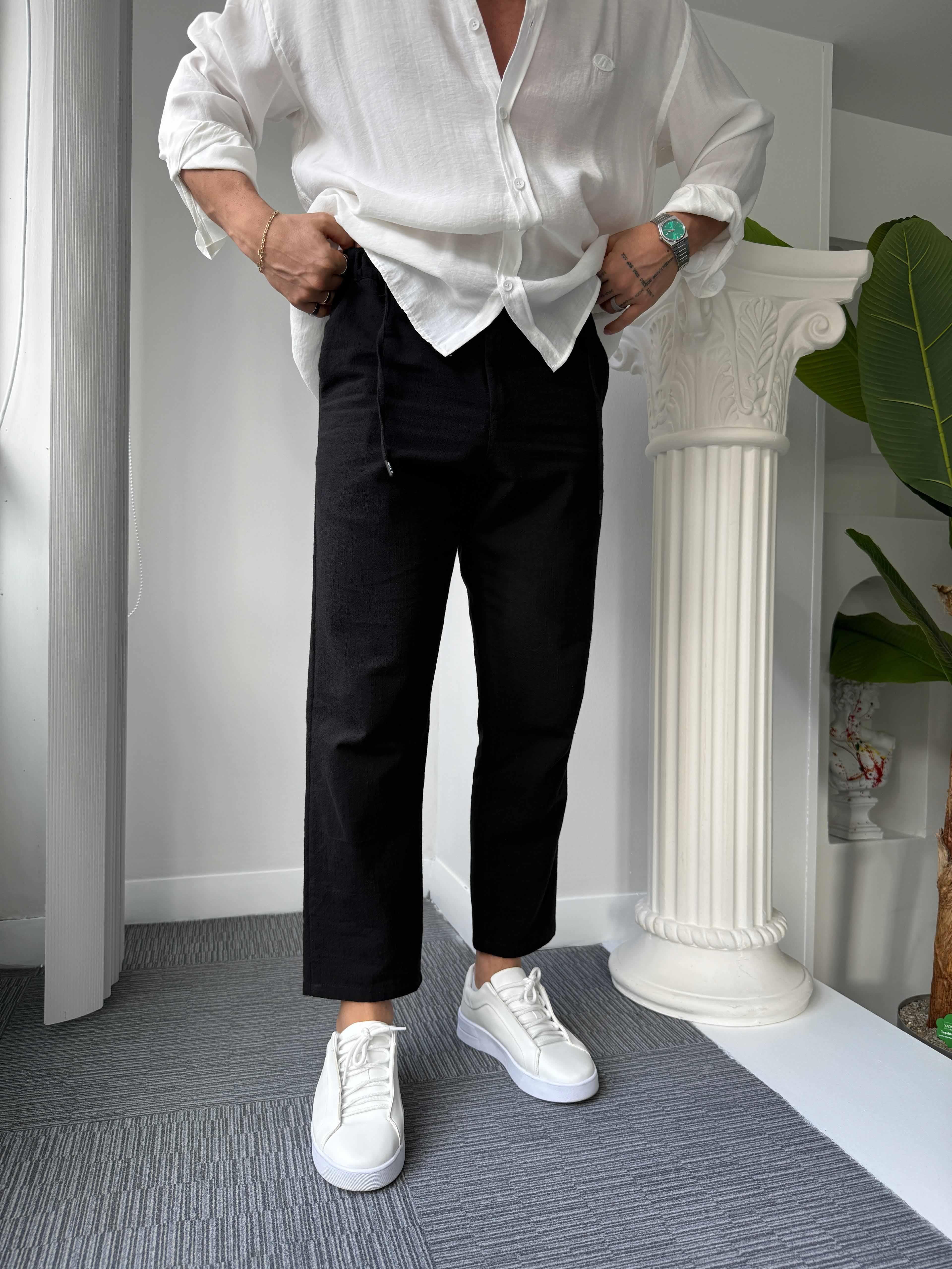 Siyah Giesto BF Kalıp Linen Pantolon